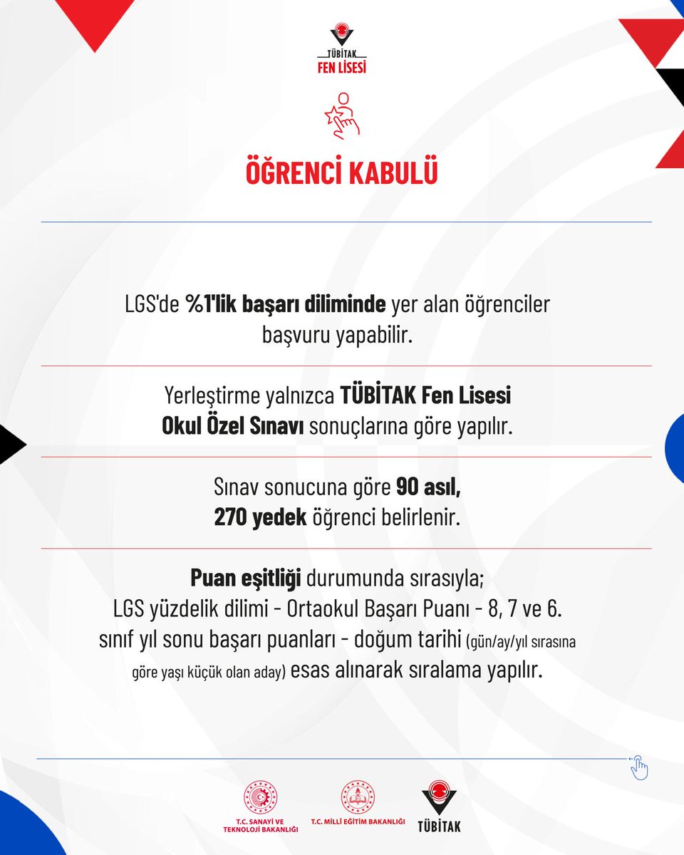 Tubitak_fenlise's tweet photo. TÜBİTAK Fen Lisesi Yeni Öğrencilerini Bekliyor!✨

✍️ "TÜBİTAK Fen Lisesi Okul Özel Sınavı" öncesi öğrenci adaylarımızın aklına takılan soruları ve lisemiz hakkında merak edilenleri cevaplandırdık.

Sınav içeriğinden lisemizin eğitim yapısına, burslarımızdan sağladığımız imkânlara kadar bir çok konuda bilgi alabilirsiniz.

Sınav tarihi:
🗓️ 18 Temmuz 2026