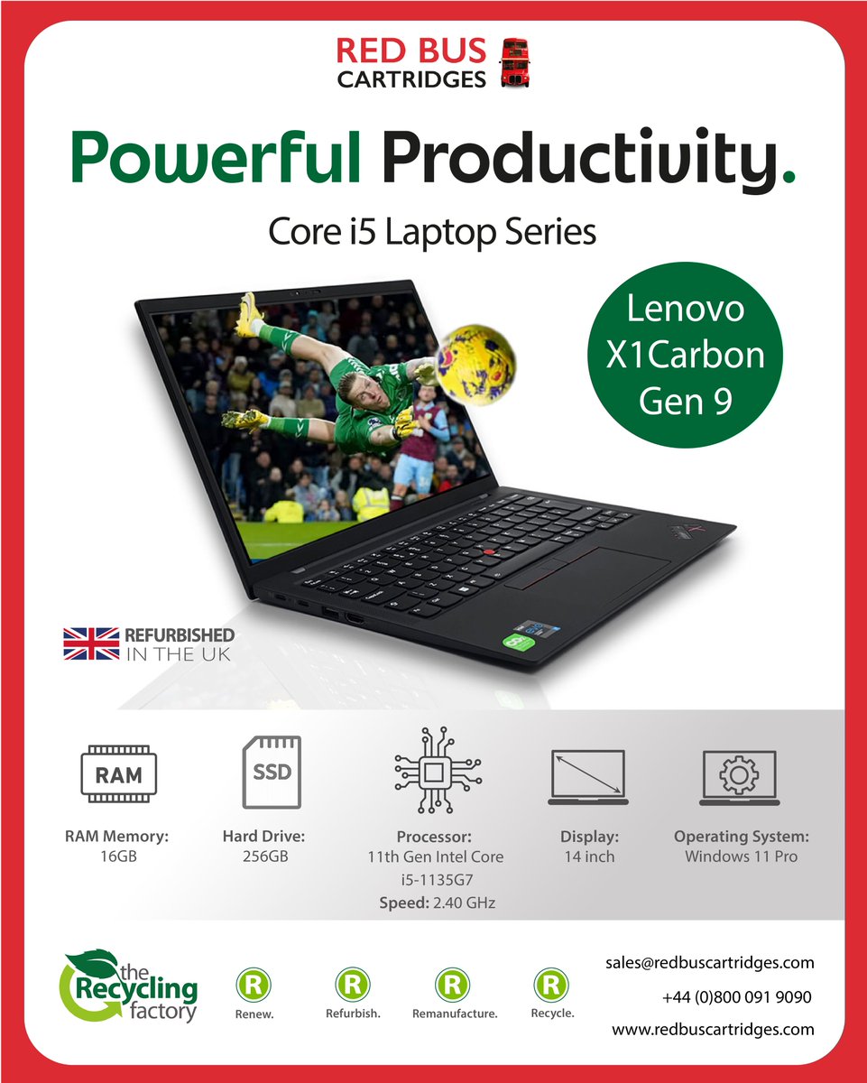 RedBusCartridge's tweet photo. Ready for kick off this Saturday? ⚽

Whether you're cheering on England this Saturday or tackling your next big project, our refurbished Lenovo X1 Carbon Gen 9 delivers powerful performance every time.

 Let us know your stock prediction below! 👇

#England #RefurbishedTech https://t.co/y3bG0pdGht
