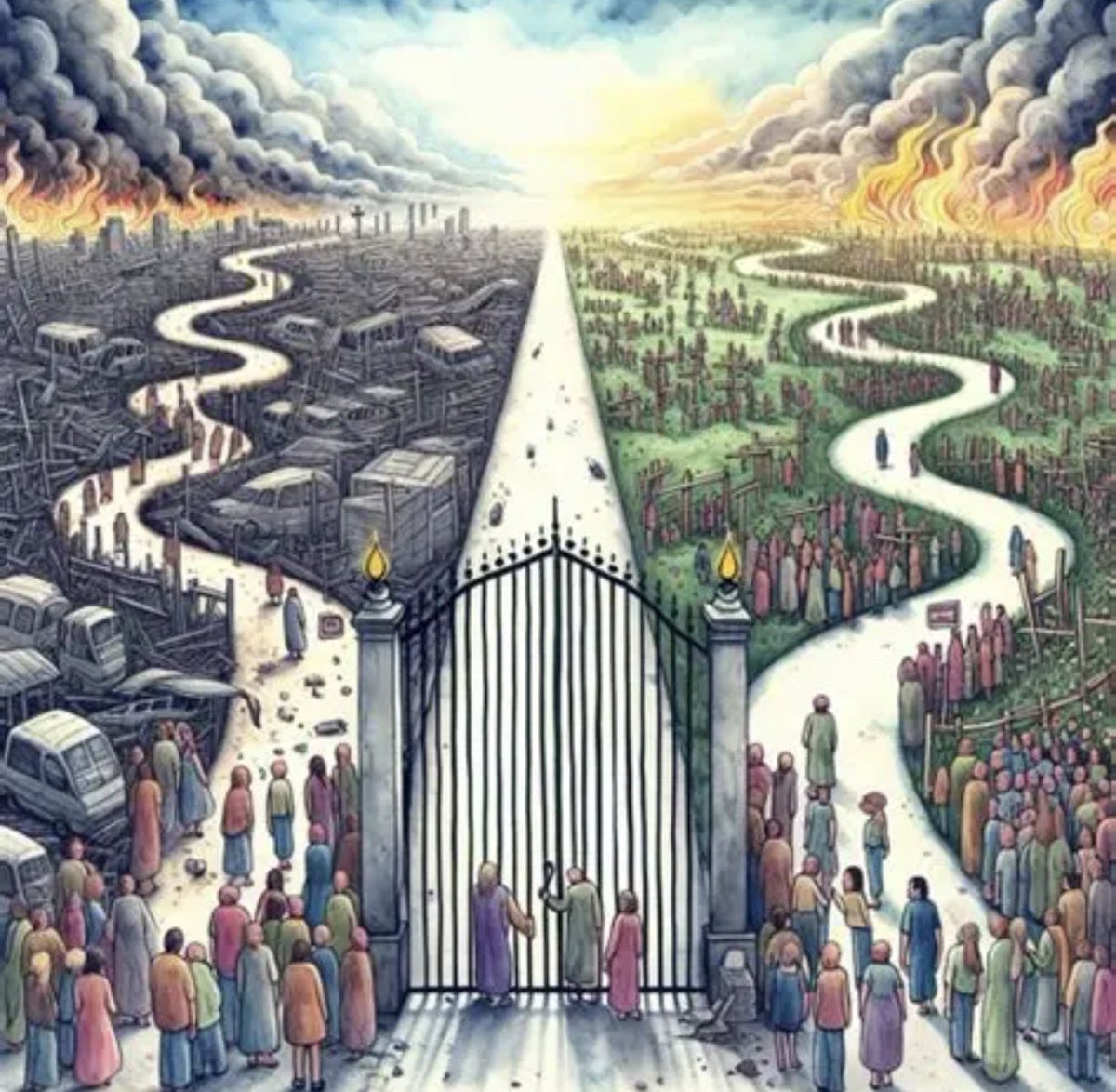 SkyVirginSon's tweet photo. THE NARROW GATE THAT LEADS TO HEAVEN

One of the most frightening things Jesus Christ ever said is rarely talked about.

“Enter through the narrow gate; for the gate is wide and the road broad that leads to destruction, and those who enter through it are many. How narrow the gate and constricted the road that leads to life. And those who find it are few.” (Matthew 7:13–14)

Here is the part most Christians never pause to consider:
Jesus did not say the narrow gate is hard to find.
He said few actually enter it.

Not because God hides it.
Not because salvation is complicated.
But because the narrow way demands a life that costs you something.

THE SHOCKING TRUTH JESUS IS POINTING AT

• Many Christians know about Jesus.
• Many go to church.
• Many say “Lord, Lord.”
• But few actually surrender their lives to Him.

The wide road is crowded because it allows:

• Faith without repentance
• Christianity without obedience
• Worship without transformation
• Jesus without the Cross

The narrow road demands:

• Purity in a world of compromise
• Prayer in a world of distraction
• Holiness in a world of sin
• Sacrifice in a world of comfort
• Love in a world of hatred
• Forgiveness in a world of revenge

The narrow gate is not small because God is cruel.
It is small because sin cannot fit through it.

THE MOST TERRIFYING PART OF JESUS’ WARNING

Jesus says “many” are on the road to destruction.
Not a few.
Not the obviously wicked.
Many.

Meaning:
Hell will be full of people who thought they were safe.

People who believed in Jesus but never followed Him.
People who loved His blessings but rejected His commandments.
People who wanted Heaven but not holiness.

This is why Jesus says:
“Not everyone who says to Me, ‘Lord, Lord,’ will enter the Kingdom of Heaven.”
(Matthew 7:21)

SO WHAT DOES IT MEAN TO ENTER THE NARROW GATE?

It means choosing Jesus even when it costs you everything.

It means:

• Choosing truth over popularity
• Choosing purity over pleasure
• Choosing prayer over entertainment
• Choosing humility over pride
• Choosing forgiveness over bitterness
• Choosing the Cross over comfort

It means letting Jesus cut away everything in you that cannot enter Heaven.

A SOBERING REALITY AND A BEAUTIFUL HOPE

The narrow gate is hard.
But it is not impossible.

Because Jesus Himself walks the road with you.
He strengthens you.
He purifies you.
He carries you when you fall.
He never abandons those who choose Him.

The narrow way is not walked by the perfect.
It is walked by the surrendered.

A FINAL CALL TO THE HEART

If you want Heaven, you must want holiness.
If you want eternal life, you must want Jesus more than the world.
If you want the narrow gate, you must reject the wide road.

Few choose it.
But those who do will see God.

And that is worth everything.