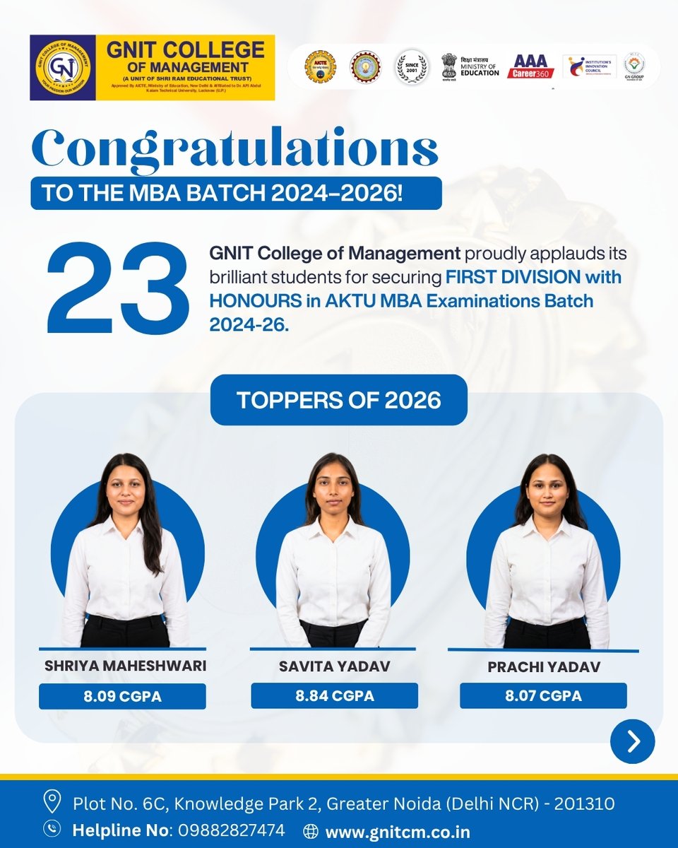 GNITCM_Official's tweet photo. Congratulations to the MBA Batch 2024–2026! 

Proud moment for GNIT College of Management as 23 students secure First Division with Honours in the AKTU MBA Examinations. 
#GNIT #GNITCollegeOfManagement #MBA #MBA2026 #AKTU #FirstDivisionWithHonours #TopPerformers #Academic https://t.co/omhQkru1vP