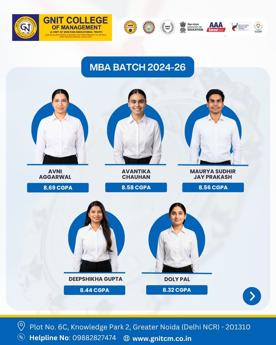 GNITCM_Official's tweet photo. Congratulations to the MBA Batch 2024–2026! 

Proud moment for GNIT College of Management as 23 students secure First Division with Honours in the AKTU MBA Examinations. 
#GNIT #GNITCollegeOfManagement #MBA #MBA2026 #AKTU #FirstDivisionWithHonours #TopPerformers #Academic https://t.co/omhQkru1vP