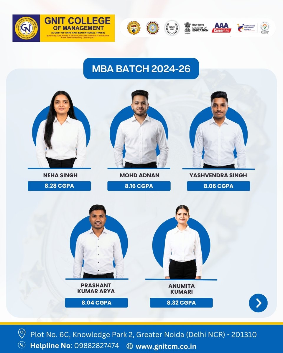 GNITCM_Official's tweet photo. Congratulations to the MBA Batch 2024–2026! 

Proud moment for GNIT College of Management as 23 students secure First Division with Honours in the AKTU MBA Examinations. 
#GNIT #GNITCollegeOfManagement #MBA #MBA2026 #AKTU #FirstDivisionWithHonours #TopPerformers #Academic https://t.co/omhQkru1vP