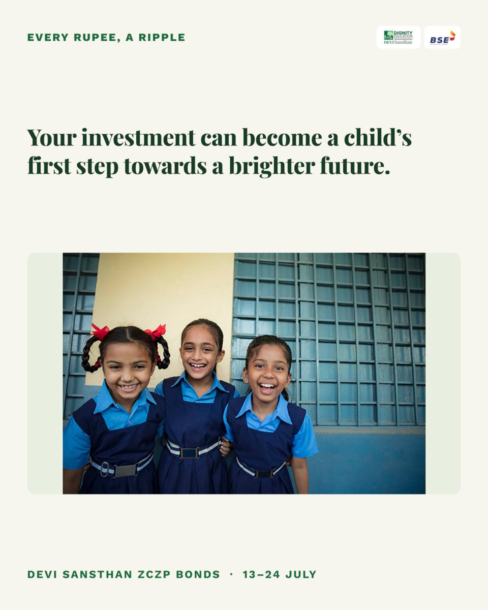 DEVI_Sansthan's tweet photo. Every investment has the power to create change. With DEVI Sansthan's ZCZP Bonds.

Bond Window: 13–24 July
Listed on BSE Social Stock Exchange (BSE-SSE)
Be part of an investment that measures success in lives transformed, not profits earned.

#ZCZPBonds #BSESSE #InvestForImpact https://t.co/scMH5QcKZL