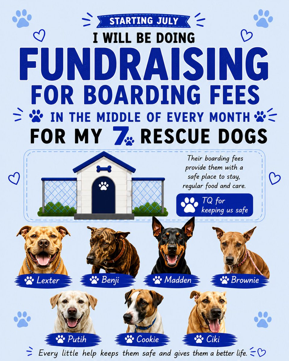 LindaElleHafiza's tweet photo. STARTING JULY 🐾💙

I will be doing boarding fees fundraising in the middle of every month for my 7 rescue dogs.

This is one of the hardest commitments i carry every single month.

Some of you have followed their journey since day one.
They were not rescued because i had extra money.
They were rescued because at that moment, they had no one else.

Some were injured.
Some were abused.
Some were abandoned. 
Some were sick.
Some were chased away.
Some were caught. 
Some almost lost their chance to live.

After rescue, the responsibility does not end.
Their food, boarding, medication, prevention, and care continue every month.

I know everyone has seen how much i struggle every month when the due date comes.
The stress, the sleepless nights, the fear of not being able to secure their safe place.

But giving up on them was never an option.

Their boarding fees give them:
🏠 a safe place to stay
🍲 daily meals
❤️ proper care
🙏 a second chance at life

This monthly fundraising is not only about paying fees.
It is about keeping my promise to the lives i saved.

Lexter, Benji, Madden, Brownie, Putih, Cookie & Ciki say thank you for still staying with us 💙🐾

Every little help keeps them safe for another month.