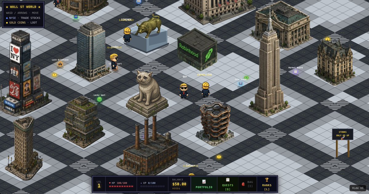 HoodWorld_'s tweet photo. Welcome to HoodWorld
• Walk around Wall Street with other real players
• Trade stocks & options with live prices
• Farm HOOD$ by walking, looting & completing quests
• Climb the leaderboard
• Exchange HOOD$ for real $ETH

Start with $50 paper trading balance, Grind your way up. This isn't a game, it's a trading sim disguised as one.

https://t.co/6YlriHRyJf