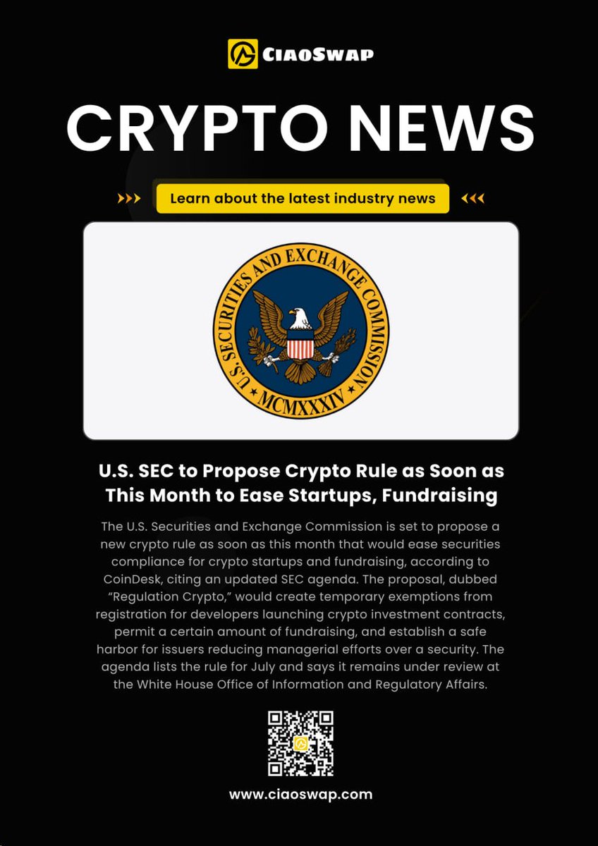CiaoSwap's tweet photo. U.S. SEC to Propose Crypto Rule as Soon as This Month to Ease Startups, Fundraising.

#CiaoSwap #SEC #Crypto https://t.co/G2ZjfiSYg2