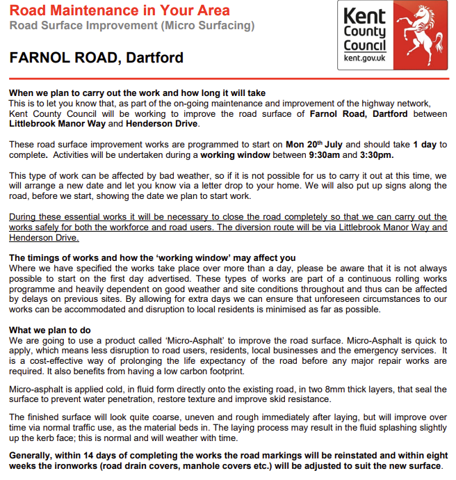 KentHighways's tweet photo. Dartford, Farnol Road: Road closed 20th July for 1 day (09:30-15:30) to allow for @KentHighways  carriageway repair works between Littlebrook Manor Way and Henderson Drive: https://t.co/OR0jcX19Up https://t.co/cnK3YC1YDm