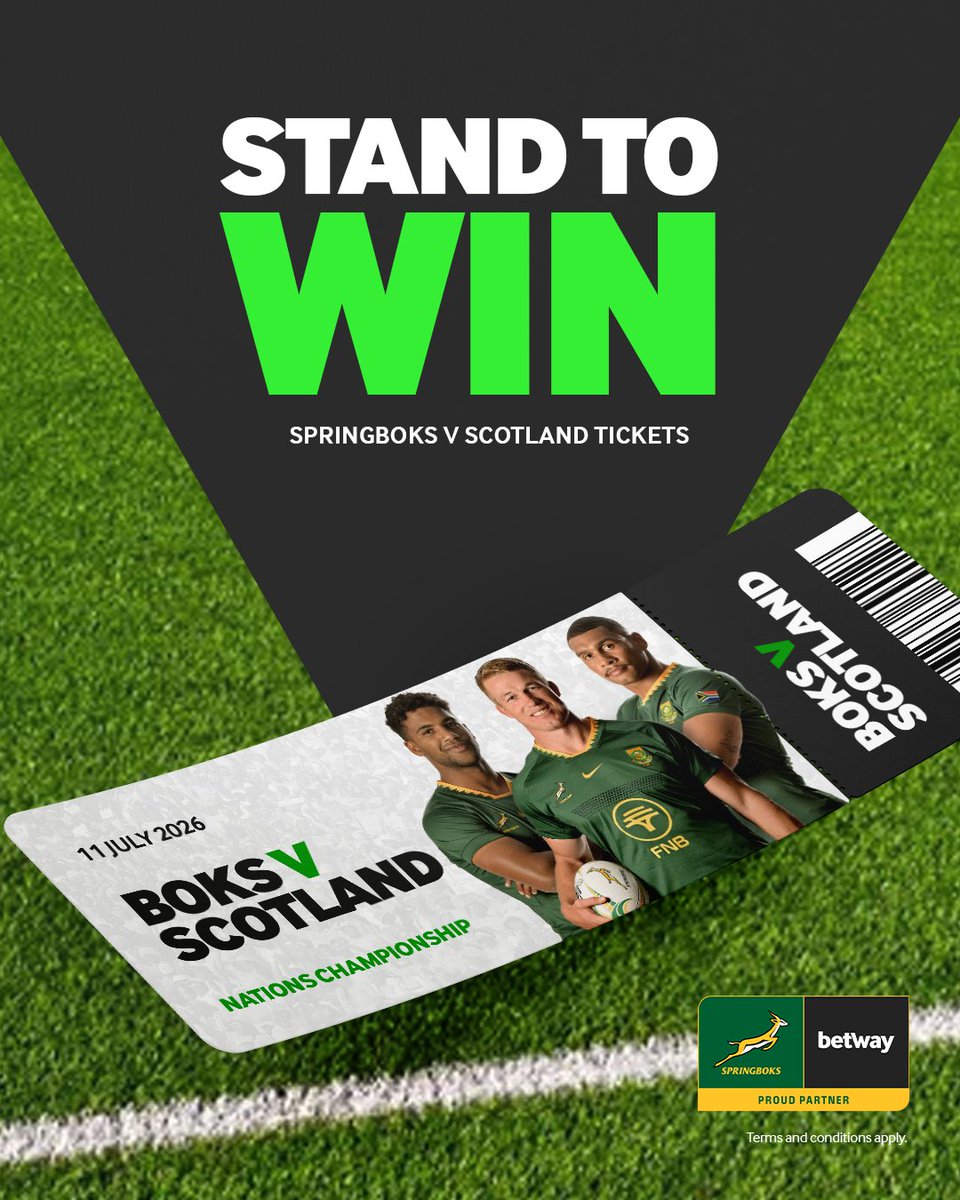 Betway_za's tweet photo. Stand to win 1 of  5 x DOUBLE tickets to see the Springboks vs Scotland🏉

How to enter👇:

1️⃣Fill in your details using this link ( https://t.co/5y3MJf2jaj) 
2️⃣Once completed comment with your prediction for the match and like the post, comment on the post and repost the post. 
3️⃣NB please make sure you have access to the email address you sign up with and download the Springboks App in order to receive your ticket if you are one of the lucky winners.

⏰ Competition ends 9 July at 2PM
📢 Winners announced 9 July at 3PM
 
Prize includes match tickets only 🎟️
Terms and conditions apply.https://t.co/ifPBJ6W4o1