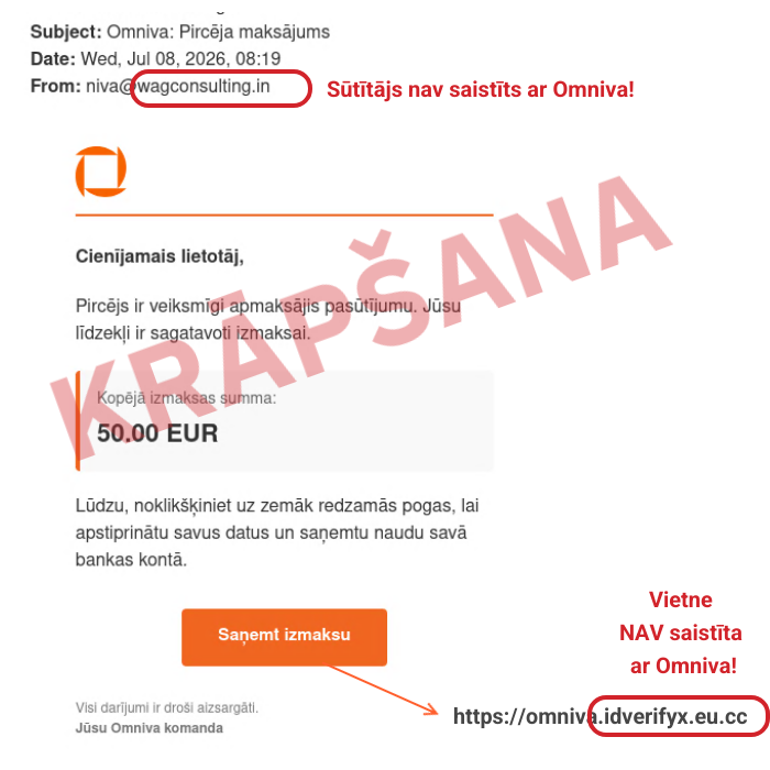certlv's tweet photo. ‼️Krāpnieki izsūta e-pastus it kā Omniva vārdā, lai izkrāptu internetbankas piekļuves datus. Spiežot "Saņemt izmaksu", atveras vietne, kura nav saistīta ar Omniva. Arī e-pasta sūtītājs nav saistīts ar Omniva. Esam vērīgi! https://t.co/CDzSKD3TX9