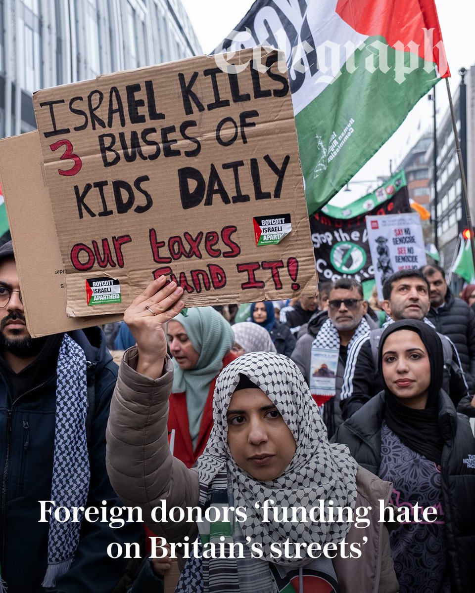 Telegraph's tweet photo. Pro-Palestine marches are being funded by a complex web of foreign donors and state actors, a report reveals.

🔗:https://t.co/v1vhJhpuBo https://t.co/4lMFglgBnk