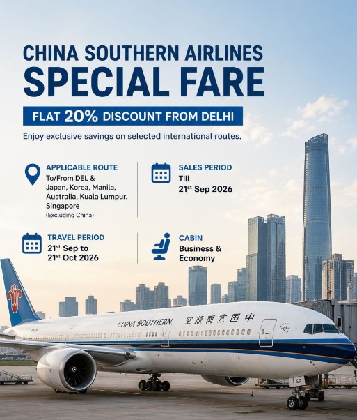 HumanitasSsi's tweet photo. Special Fare from Delhi
Flat 20% Discount
Applicable on selected routes to/from Japan, Korea, Manila, Australia, Kuala Lumpur &amp; Singapore (excluding China)

Sale Till: 21 Sep 2026
Valid on Business &amp; Economy cabins

#ChinaSouthernAirlines #FlightBookings #Travel https://t.co/eEMAi1x34g