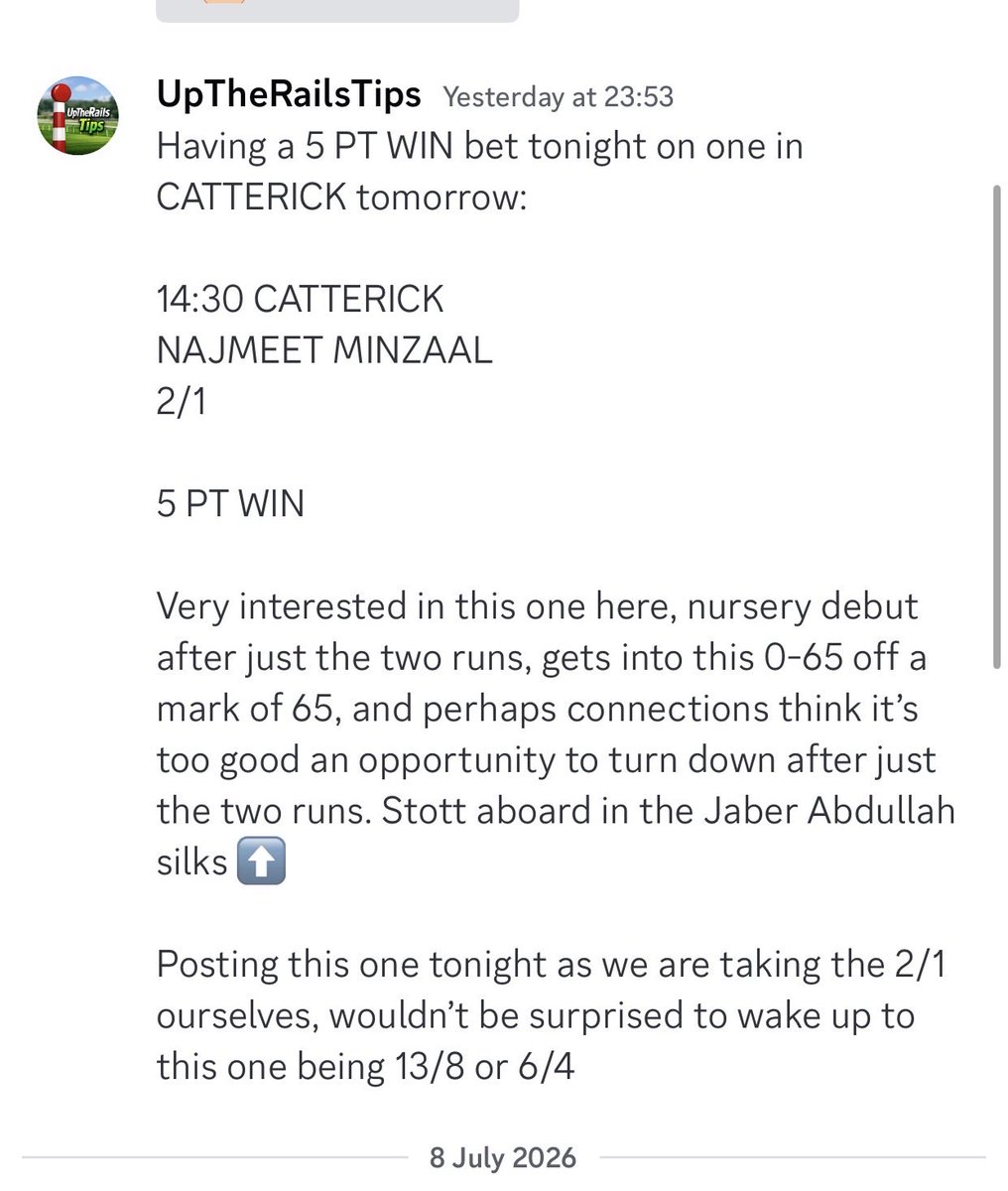 UpTheRailsTips's tweet photo. We posted this one last night to members.  Has tightened up just as we thought it might, get involved lads. 

There’s proof of slip with this from one of the account, the bet placed and posted last night👍🏻 therefore no BOG, 
but 2/1 now looks fantastic value https://t.co/OxpZA9ma6j
