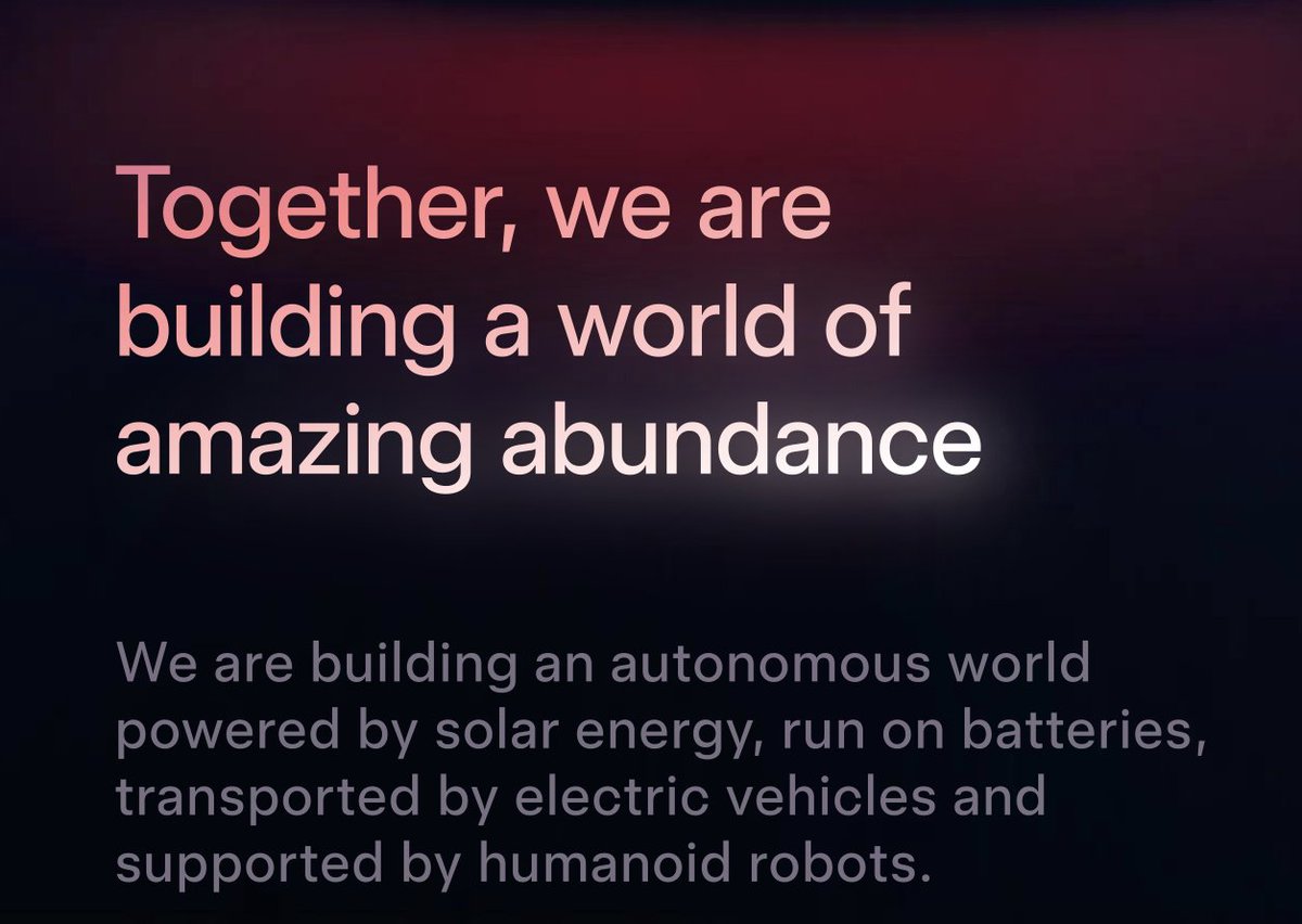 wholemars's tweet photo. "We are building an autonomous world powered by solar energy, run on batteries, transported by electric vehicles and supported by humanoid robots"

— Tesla https://t.co/4u1y9EDpTq