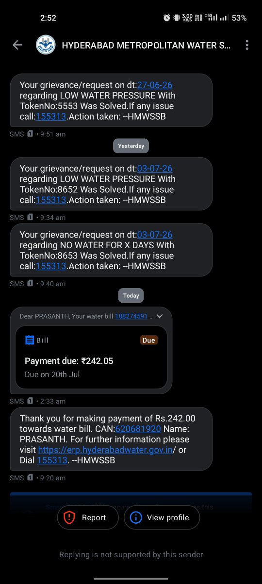 Prasanth_SUM's tweet photo. This govt @TelanganaCMO do not understand basic necessities of public
It's been 2 to 3 months that we are not receiving the water .
Bill generated on timely manner.
N no of complaints raised closed without any resolvent.@Hmwssbdgmuppal @HMWSSBOnline https://t.co/vEXNDFPxHw
