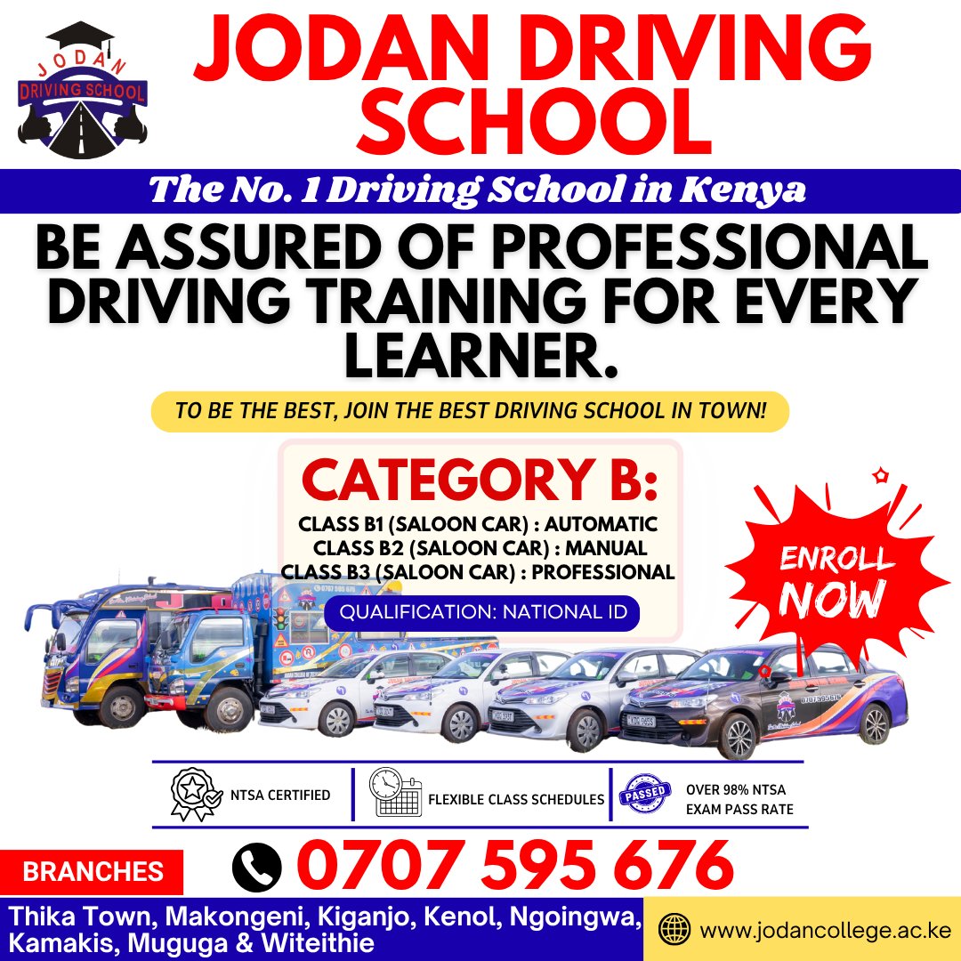 Jodan_College's tweet photo. Drive with assurance.  Enroll at Jodan Driving School to get started on the path to being a proficient driver. Register for beginner classes today. 

Let’s Hit the Road! 
📅 Intake is ongoing
📞 Call / WhatsApp 𝟎𝟕𝟎𝟕 𝟓𝟗𝟓 𝟔𝟕𝟔
📍 Jodan Towers (Elimu Centre), Kwame Nkrumah Street, Thika Town

𝐂𝐎𝐌𝐏𝐔𝐓𝐄𝐑 𝐏𝐀𝐂𝐊𝐀𝐆𝐄𝐒, 𝐆𝐑𝐀𝐏𝐇𝐈𝐂𝐒 𝐃𝐄𝐒𝐈𝐆𝐍 & 𝐈𝐂𝐃𝐋 𝐀𝐕𝐀𝐈𝐋𝐀𝐁𝐋𝐄 𝐀𝐓 𝐀𝐅𝐅𝐎𝐑𝐃𝐀𝐁𝐋𝐄 𝐑𝐀𝐓𝐄𝐒