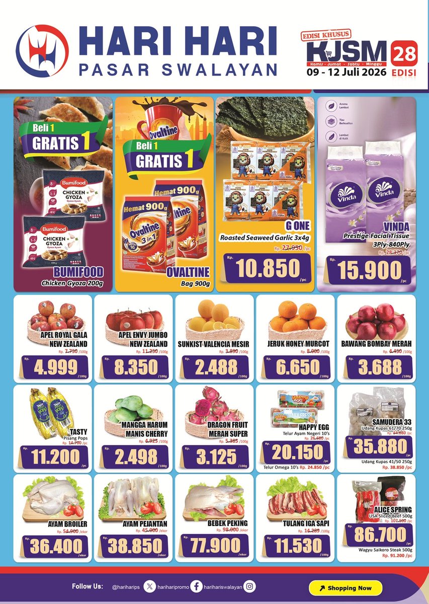 hariharips's tweet photo. Promo KJSM Halaman 1 – 4 Periode 09 – 12 Juli 2026, berlaku di seluruh cabang HARI HARI Pasar Swalayan, kunjungi cabang terdekat kami &amp; selamat berbelanja. https://t.co/WMLfPAD2vV