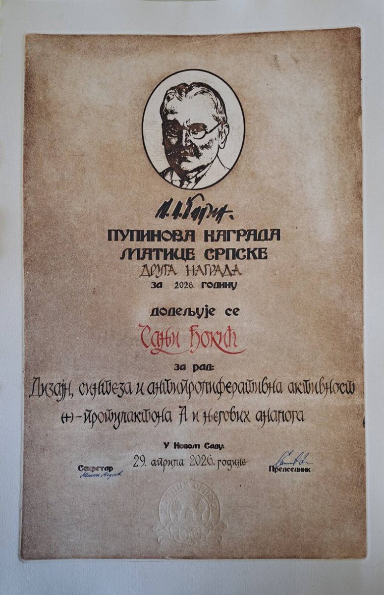 unsmedchemlab's tweet photo. 🎉 Great news from our group!
Congratulations to our colleague Dr. Sanja Đokić on receiving the Pupin Award of Matica srpska for her PhD thesis! 
Congratulations also to her mentor, Dr. Jovana Francuz, on this outstanding achievement! 👏
#UNSMedChemLab #MedicinalChemistry https://t.co/uUGcj2HYq3
