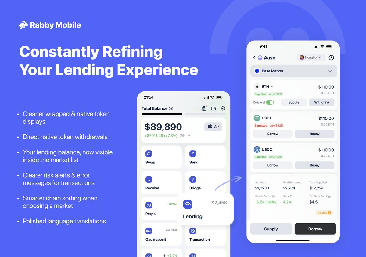 Rabby_io's tweet photo. We're obsessed with every detail to make your lending flow frictionless—here's what we've shipped. 🛠️

What's the next lending upgrade you want to see? Let us know below. 👇 https://t.co/9gjAMqfD41