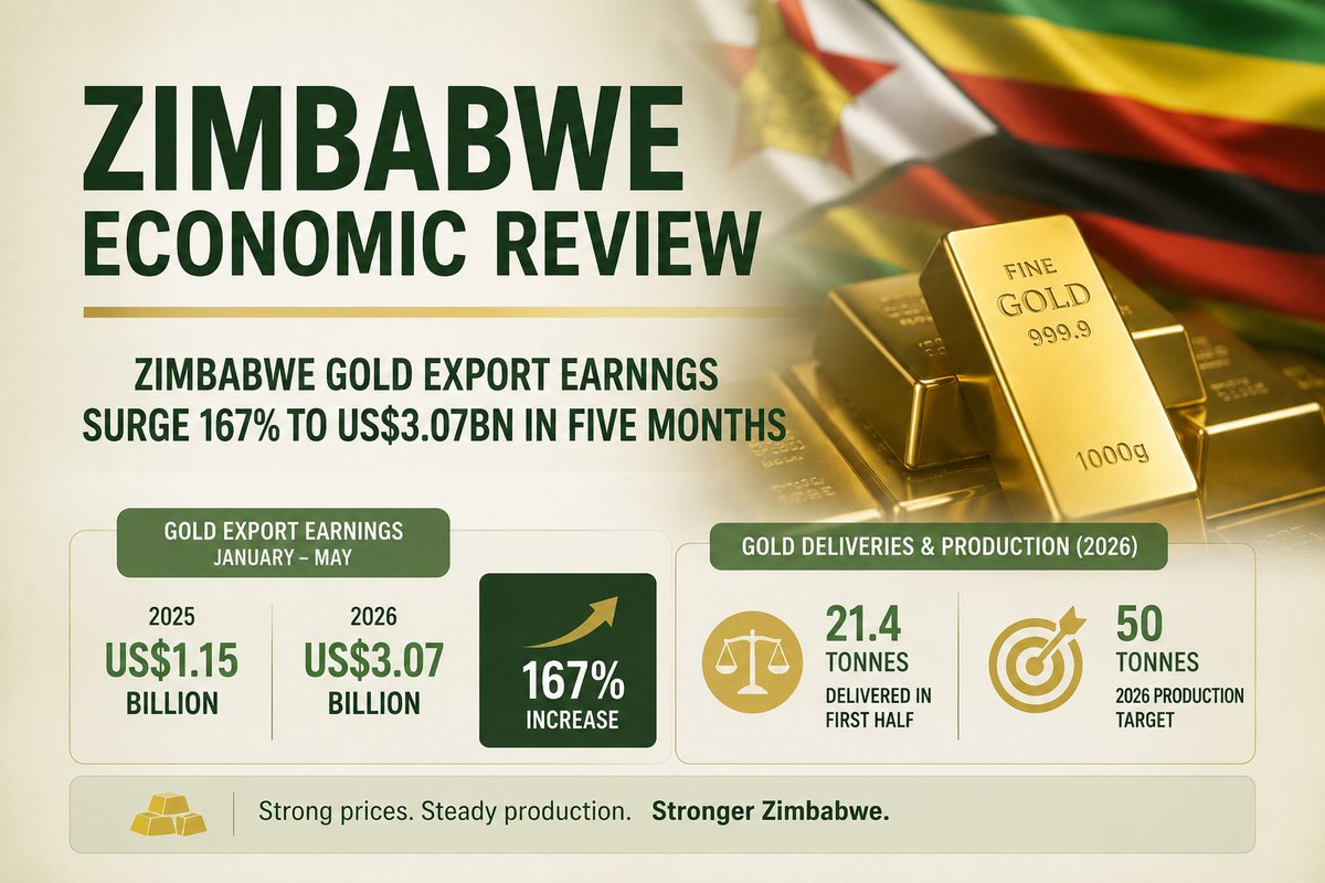 ZimbabweReview's tweet photo. Zim Gold Export Earnings Surge 167% to US$3.07bn in 5 Months.  

Driven by global price surge Zimbabwe's gold export earnings rose 167% to US$3.07 b between January and May 2026, up from US$1.15 b in the same period last year. https://t.co/GHLeJ7SBsT