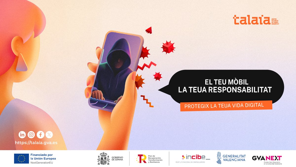 GVAhisenda's tweet photo. 🆕La @generalitat llança una campanya amb consells pràctics 💡per ajudar la ciutadania 👥 a protegir els seus mòbils 📱dels atacs de ciberdelinqüents🤖

🔐@GVATalaia promou un ús segur del mòbil 📲, de les aplicacions 🎮i de la missatgeria 💬

📋https://t.co/yqaMGZ4iFb https://t.co/jTPRDFnPQ7