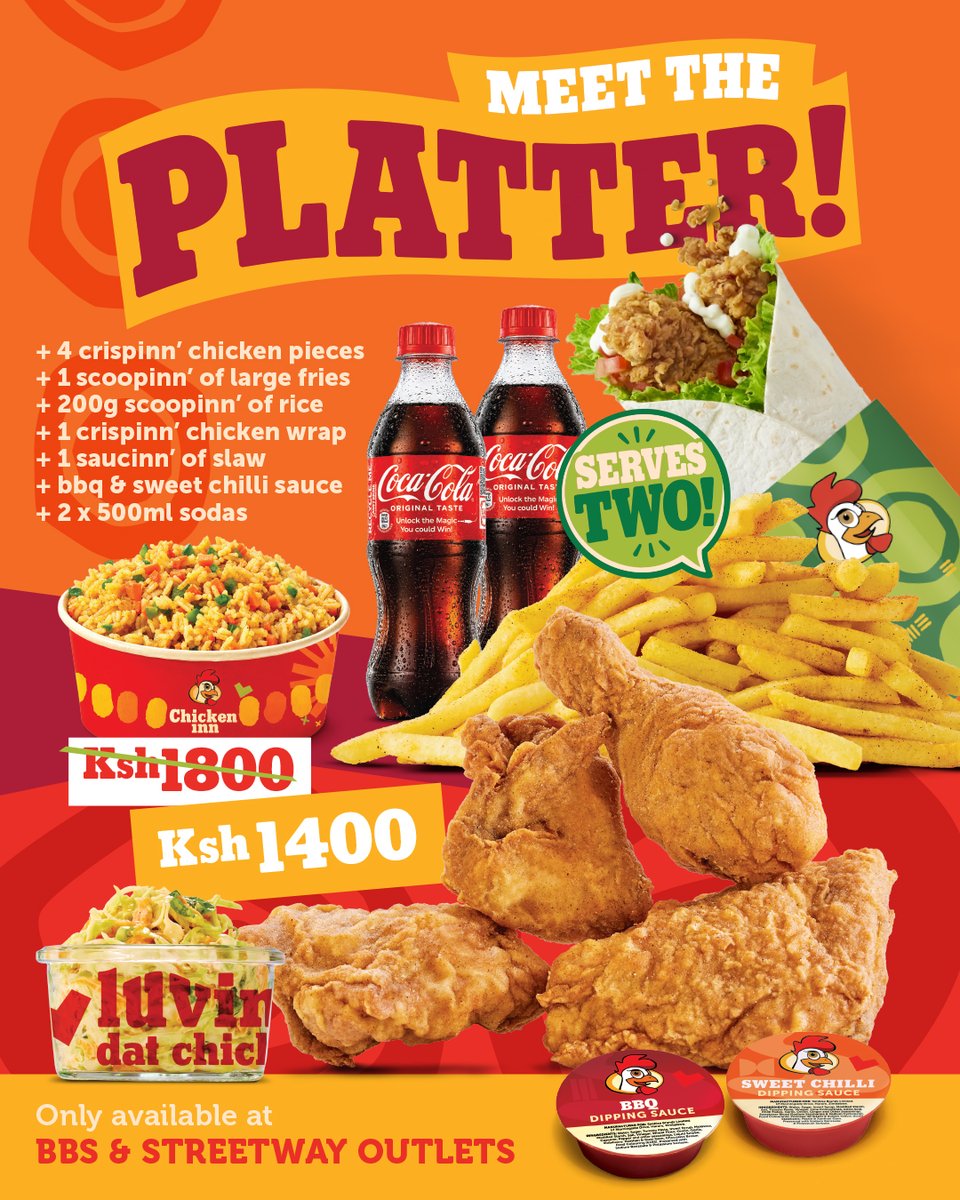ChickenInn_Ke's tweet photo. Some meals just hit better together. 🍗❤️

The Meet-a-Platter is perfectly made for two; because great food is even better when it's shared.

Available exclusively at our BBS & Streetway outlets. Usiworry na your next hangout, tumekusort! See you soon right?😋

#Luvdatchicken #MeetThePlatter