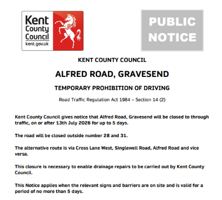 KentHighways's tweet photo. Gravesend, Alfred Road: Will be closed from 13th - 17th July outside number 28 and 31 to enable drainage repairs to be carried out by Kent County Council.: https://t.co/9MT0VNkx2R https://t.co/f2Z6NLHLbE