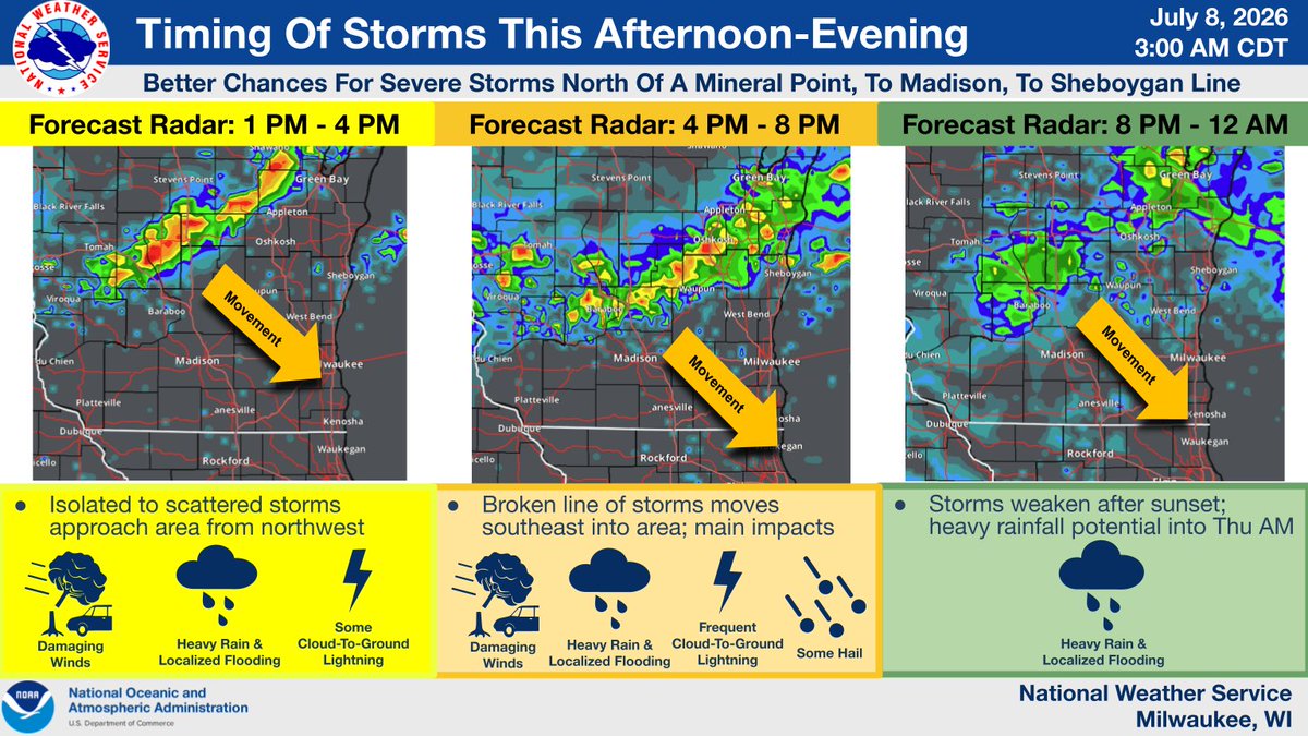 NWSMilwaukee's tweet photo. Scattered severe storms may move into the area this afternoon into this evening. Damaging winds, locally heavy rainfall and frequent cloud-to-ground lightning are the main hazards. Locally heavy rain may occur into Thu AM. Stay weather aware into this evening! #swiwx #wiwx https://t.co/az2zM1NBsl