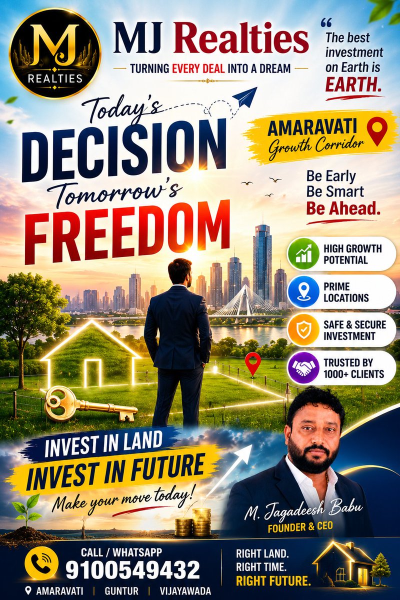 MJRealties's tweet photo. ๐ Don't just buy landโbuy your future.
With MJ Realties, today's decision can become tomorrow's biggest success story.
๐ Amaravati Growth Corridors
๐ 9100549432
#MJRealties #Amaravati #LandInvestment #RealEstate #OpenPlots #SmartInvesting #FutureGrowth #PrimeLocation https://t.co/fLy9EHrVzq