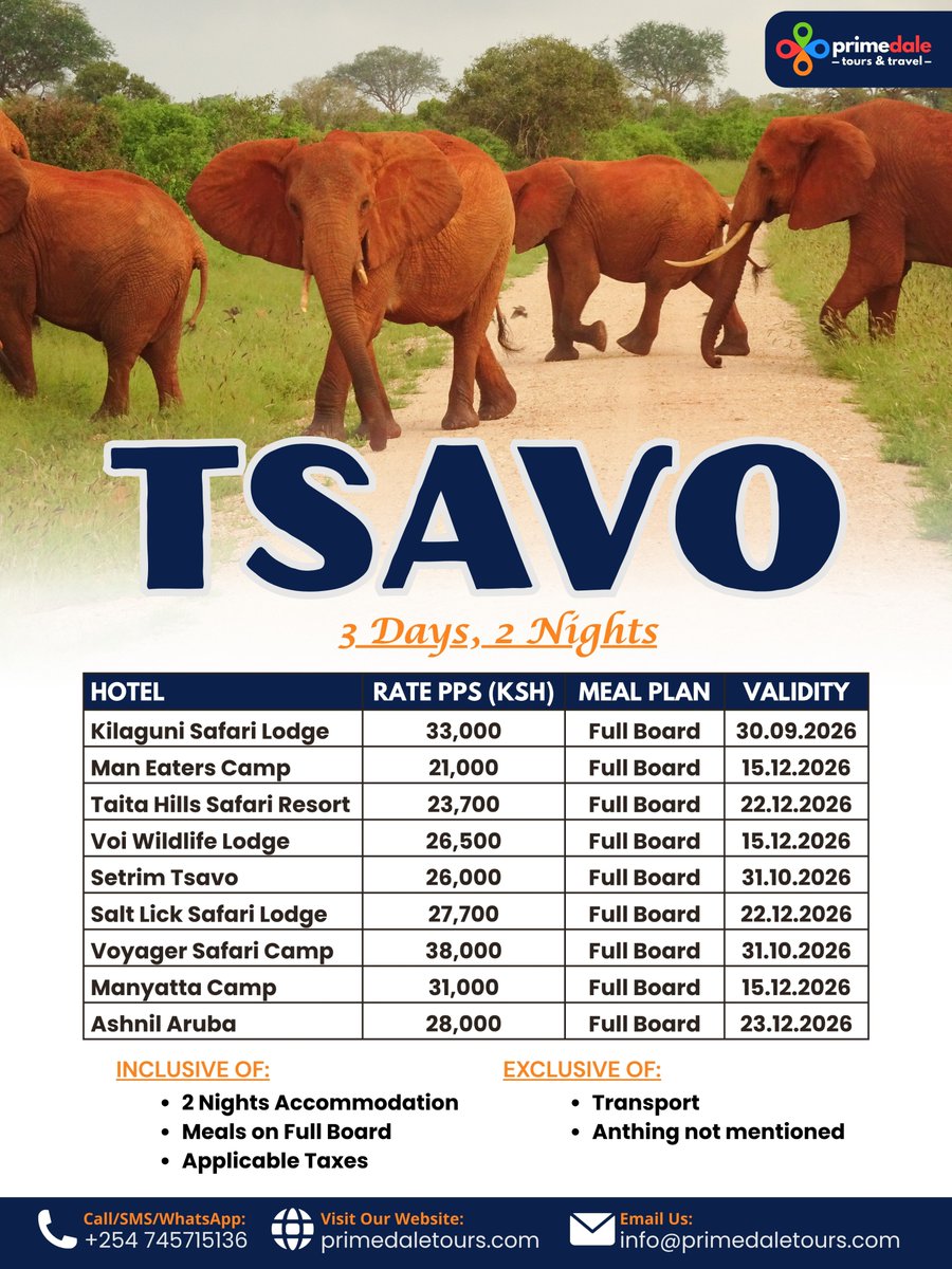 primedaletours's tweet photo. Tsavo Safari Package

What to do in Tsavo
✔️  Game drives &amp; Big Five sightings
✔️ See the famous red elephants
✔️ Visit the crystal-clear Mzima Springs
✔️ Spectacular landscapes &amp; breathtaking sunsets
✔️ Ideal for couples, families &amp; group adventures

#TsavoSafari #RedElephants https://t.co/S3HBptMTpC