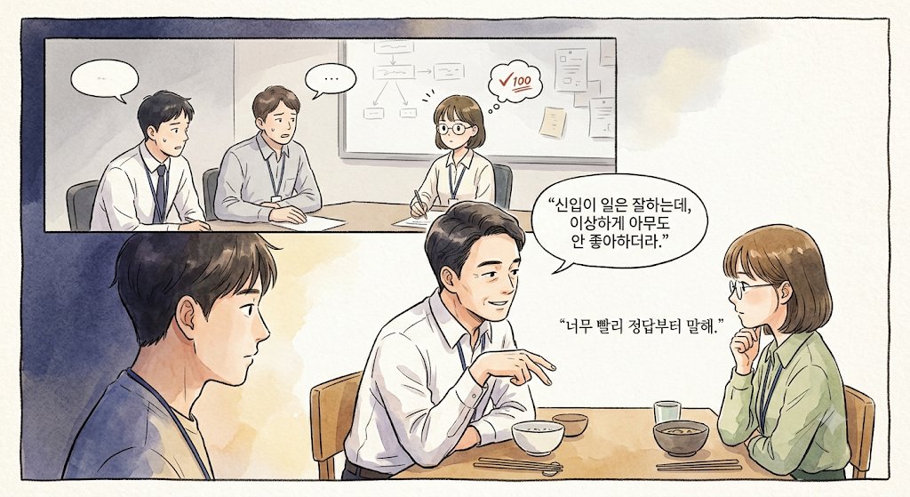 HoneyJo0329's tweet photo. "신입이 일은 잘하는데, 이상하게 아무도 안 좋아하더라."

점심시간.
선배가 툭 던진 말이었다.
나는 이유를 몰랐다.

신입은 성실했다.
시킨 일은 빠르게 끝냈고,
실수도 거의 없었다.

"왜요?"

내가 묻자 선배가 웃었다.

"회의 끝나고 봐."

그날 회의가 끝났다.
팀장이 말했다.

"다른 의견 있는 사람?"

신입이 바로 입을 열었다.

"없습니다."

회의실은 조용했다.

회의가 끝나고
팀장이 한숨을 쉬었다.

"다들 아무 말도 안 하네."

그때 다른 선배가 말했다.

"사실 하나 있었는데..."

"저도 있었어요."

"저도요."

결국 다시 회의가 열렸다.

회의가 끝난 뒤
선배가 내게 말했다.

"봤지?"

"네."

"저 친구는 틀린 말을 한 게 아니야."

"그럼요?"

"너무 빨리 정답부터 말해."

"..."

"사람은 자기 생각을 꺼낼 틈이 있어야 대화가 돼."

그날 이후
신입은 질문부터 하기 시작했다.

"이 부분은 어떻게 생각하세요?"

회의 분위기가 달라졌다.
사람들이 먼저 이야기하기 시작했다.

일을 잘하는 것과
함께 일하기 좋은 사람은
가끔 다른 능력이다.