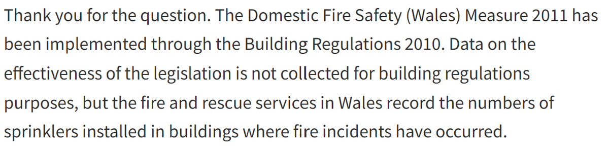 Joe___Allen's tweet photo. We should try to kick our 'legislate and forget' habit. 

For example: 

Since 2016 Wales has required sprinklers in *all* new homes. Universal &amp; unusually strict approach. Typically adds £3k to build cost.

But we then just chose not to monitor effectiveness of the new regs. https://t.co/ZDEJrBJnxf