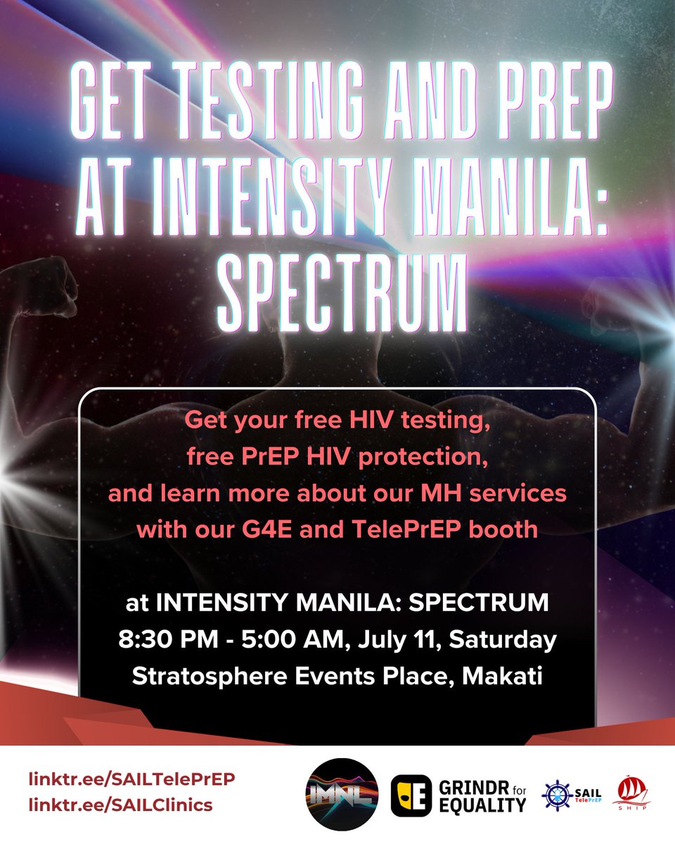 SailClinics's tweet photo. Let’s make @intensitymnl SPECTRUM unforgettable. 🌈

Get your free HIV screening and #PrEP HIV prevention (and learn about our MH services)

at our G4E and #SAILTelePrEP booth at
✨ INTENSITY MANILA: SPECTRUM
📅 July 11,  8:30 PM - 5:00 AM
📍 Stratosphere Events Hall, Makati! https://t.co/xeW1SgKp5J