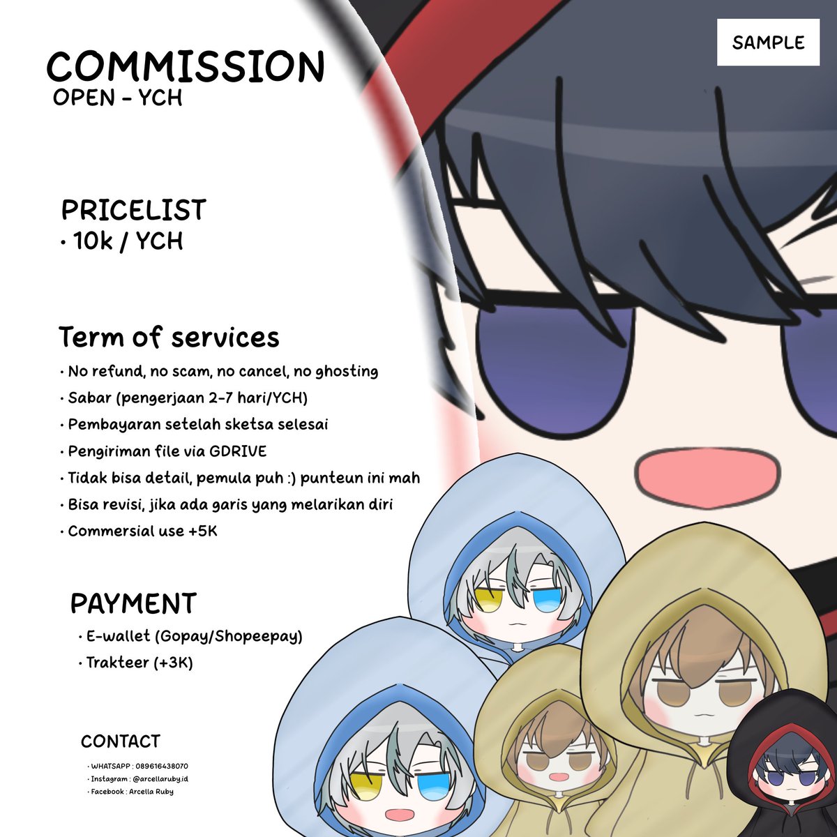 ArcellaCh's tweet photo. @WTS [ JULY 0/3 ]

Halo, ini pertama kalinya aku open commission art (spesifik untuk saat ini adalah YCH seperti pada sample yang tertera).

#opencommissionart #ych #chibi #reactive #ibispaintx #finger #vtuber https://t.co/SoPzzSZxTD