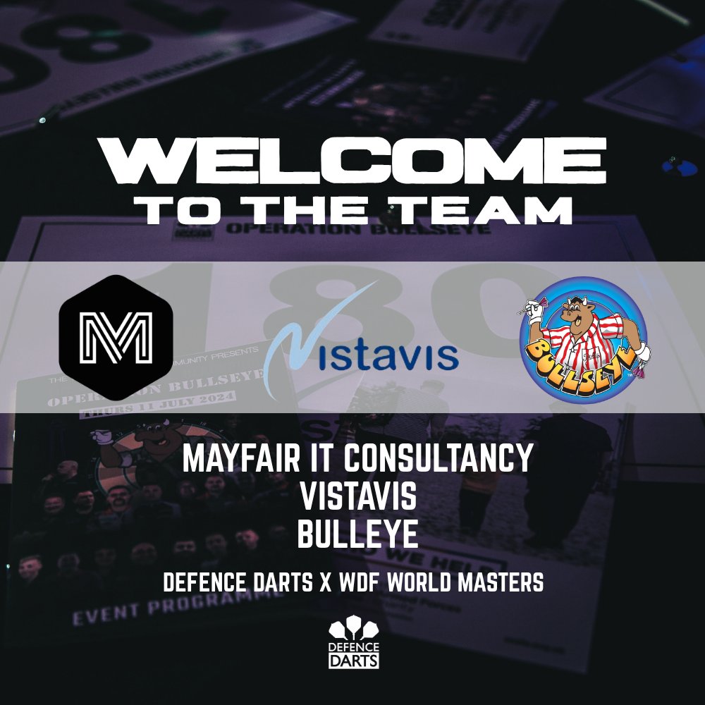 Defence_Darts's tweet photo. 👋 A big Defence Darts welcome @mayfairitc68711, Vistavis and @BullseyeTVshow to the team ahead of the WDF World Masters.

These three brilliant companies will be supporting our Defence Darts representatives out i Vegas as they compete in one of the sports iconic tournaments! https://t.co/U4l0gA4fa7