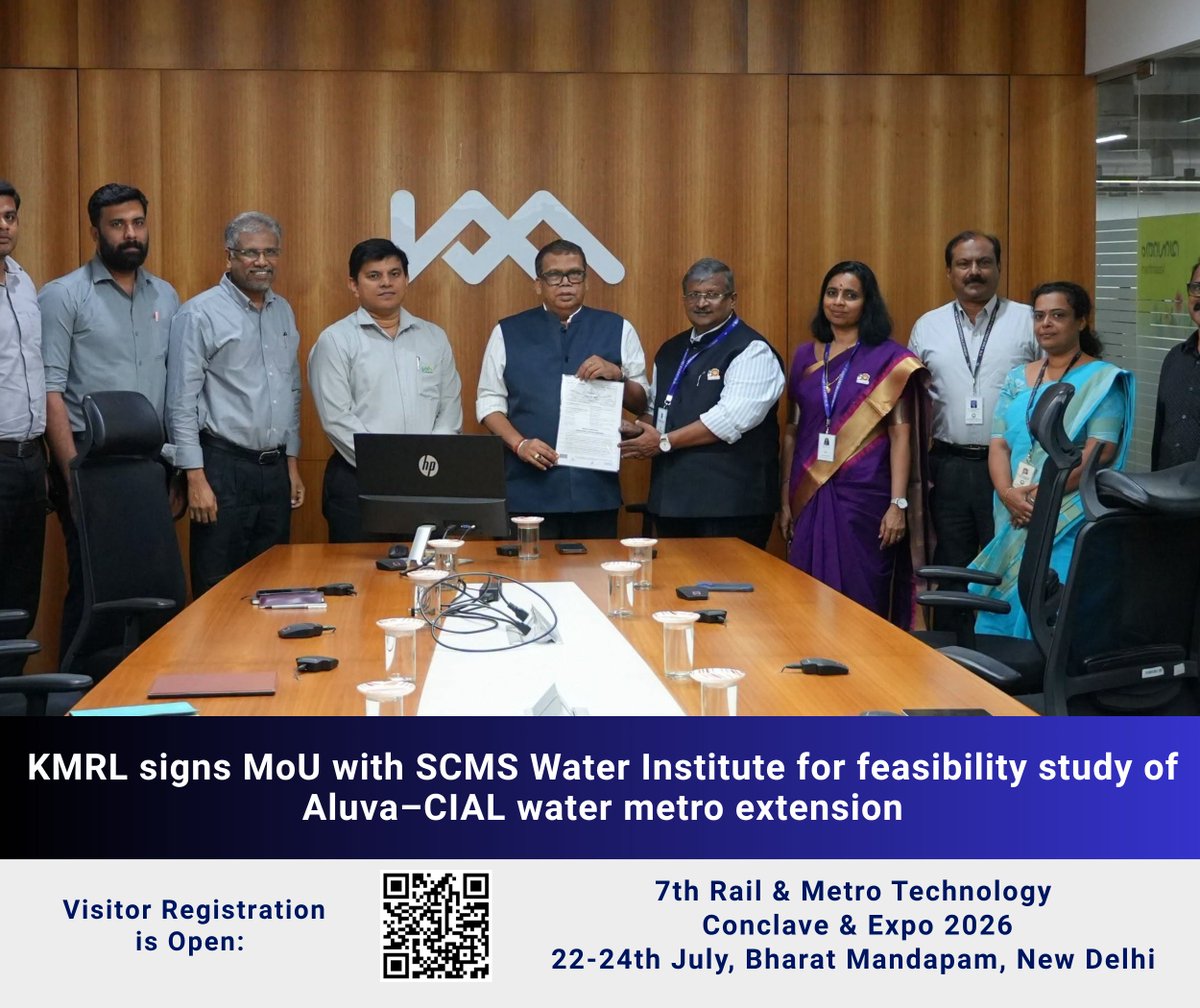 RailAnalysis's tweet photo. KMRL signs MoU with SCMS Water Institute for feasibility study of Aluva–CIAL water metro extension
Read more: https://t.co/47KqBc4gnI
#KMRL #KochiMetro #SCMS #MoU #WaterMetro #Metro #Stations #GreenMobility #Connectivity #RailAnalysis https://t.co/DS9zAwRqMQ