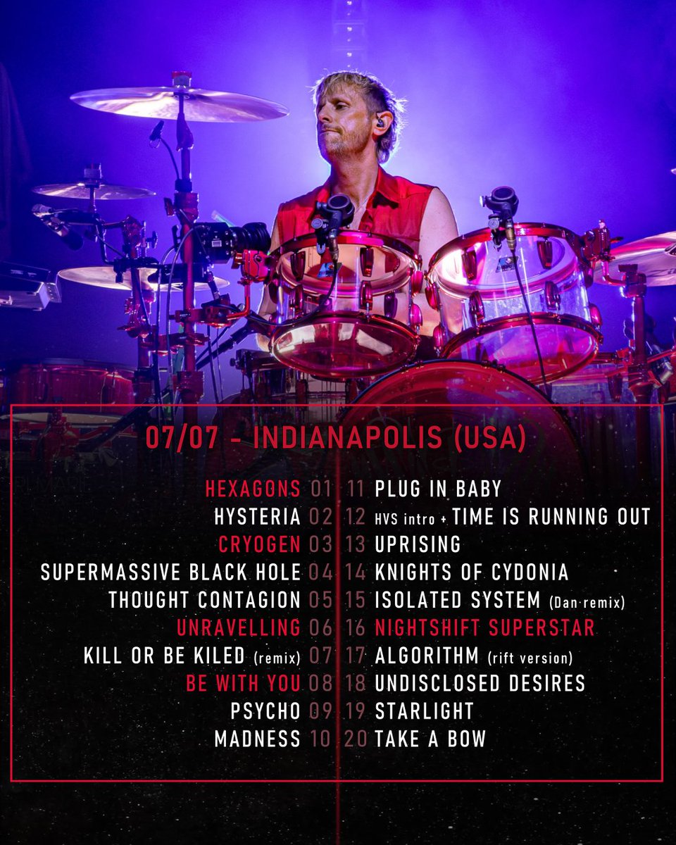 MuseFrance's tweet photo. Voici la setlist du 3e concert de la tournée d'été de Muse aux USA, marquée notamment par le retour de Thought Contagion. 
✅ Unravelling, Thought Contagion
 ❌Won't Stand Down, Map of The Problematique

📷 Cory Marie Photographie / csmyrnis (IG)
*HVQ = Hanging in Victory Square https://t.co/YFIK01hJwG