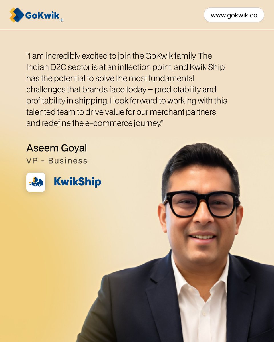 gokwik's tweet photo. Big welcome to Team GoKwik 🧡
Aseem Goyal joins as VP - Business for Kwik Ship, our AI-powered shipping excellence suite.

He'll lead growth, merchant acquisition, and scaling for Kwik Ship, helping D2C brands turn shipping from a cost center into a real growth lever.

10+ years of scaling logistics & tech startups. Aseem's here to help brands fix what's broken in shipping - predictability and profitability.
Welcome aboard! 🚀