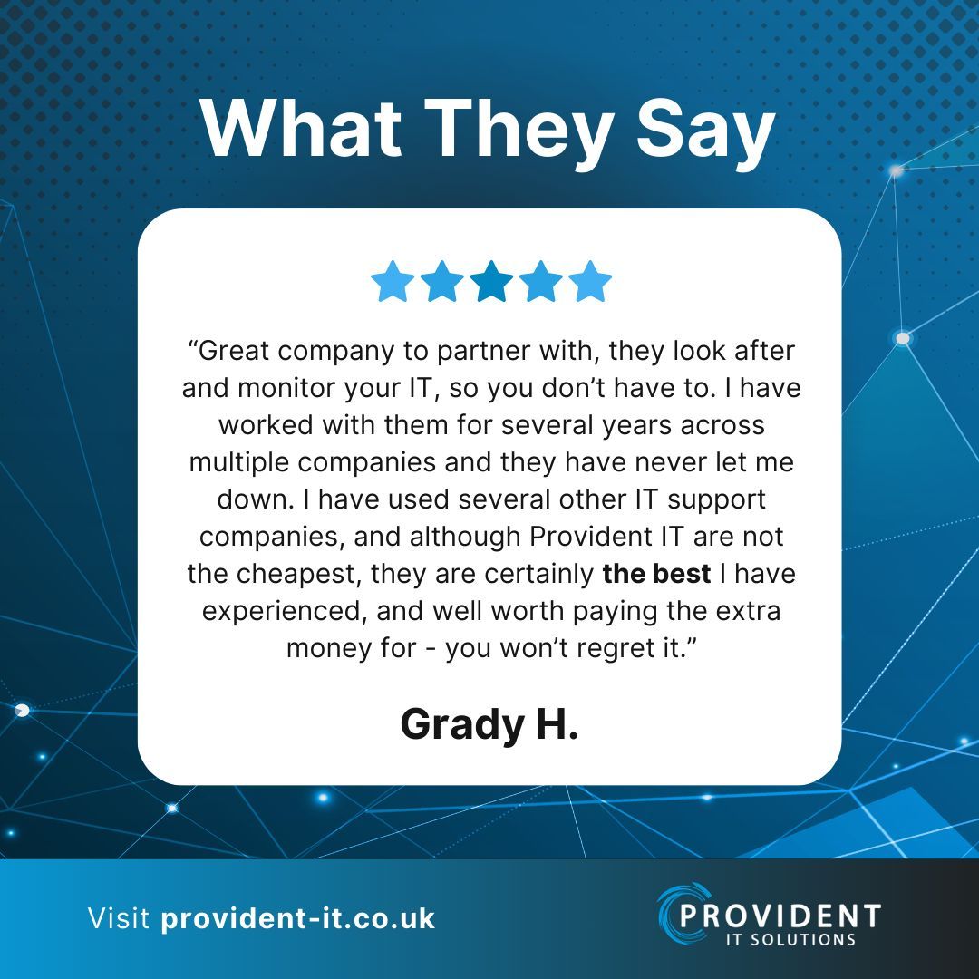 ProvidentITS's tweet photo. "I have worked with them for several years across multiple companies and they have never let me down." ⭐

Thanks Grady - we're proud to be a partner you can count on! https://t.co/cJhXFphDQI