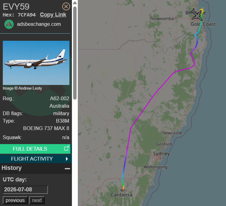 raaf_vip's tweet photo. Back to Brissy to pick up Albanese.
Boeing 737 MAX 8 BBJ // A62-002 // Envoy 59
Route: Canberra (CBR) - Brisbane (BNE)
π«: 01:16 UTC on 08/07/2026
π¬: 02:46 UTC
#RAAF #AusAirForce #A62002 #QLD #Brisbane https://t.co/BPSn9ICW6t