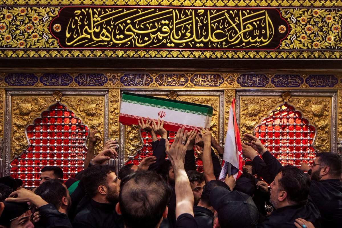 AdamARog's tweet photo. Mourners carry the coffins of family members of Iran’s late Supreme Leader Ayatollah Ali Khamene'i, inside the shrine of Imam Abbas during funeral ceremonies in Karbala, Iraq. #MartyrKhamenei https://t.co/nHHWS5tkIY