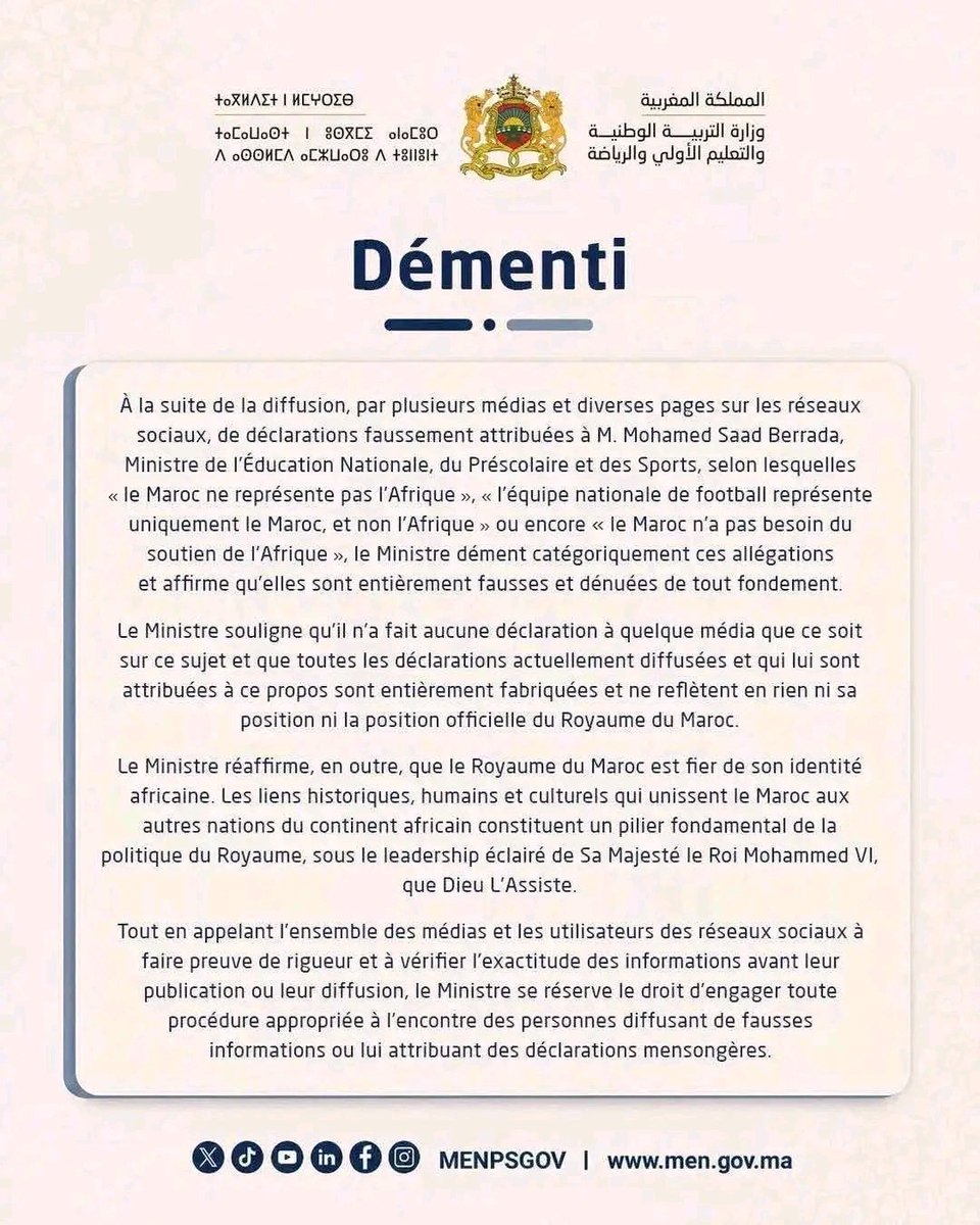 AblamGnamesso's tweet photo. LE MAROC JOUE POUR L’AFRIQUE

🇲🇦Désormais seul représentant de l’Afrique dans cette Coupe du monde, le Maroc porte les espoirs de tout un continent. Mais, certains fake laissent croire qu’un ministre marocain aurait dit le contraire.

Les Lions de l’Atlas ne jouent plus seulement pour le Maroc, mais pour toute l’Afrique. Quelles que soient nos origines, c’est le moment de soutenir une équipe qui fait rayonner le football africain sur la scène mondiale.

Allez les Lions de l’Atlas ! #FIFAWorldCup