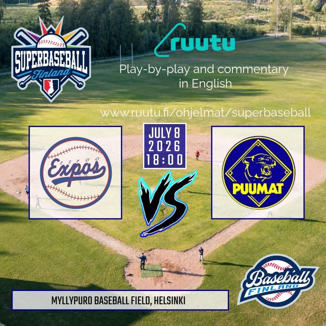 BaseballFinland's tweet photo. Today at 18:00 on Ruutu for a Superbaseball showdown between the league's top two teams:
Espoo Expos đ Puumat Baseball Helsinki
commentary will be provided by Tony Jones, bringing all the action to fans around the world.
#Baseball #BaseballFinland #BaseballFI #wbsc #wbsce https://t.co/4KFJdEx9Ir