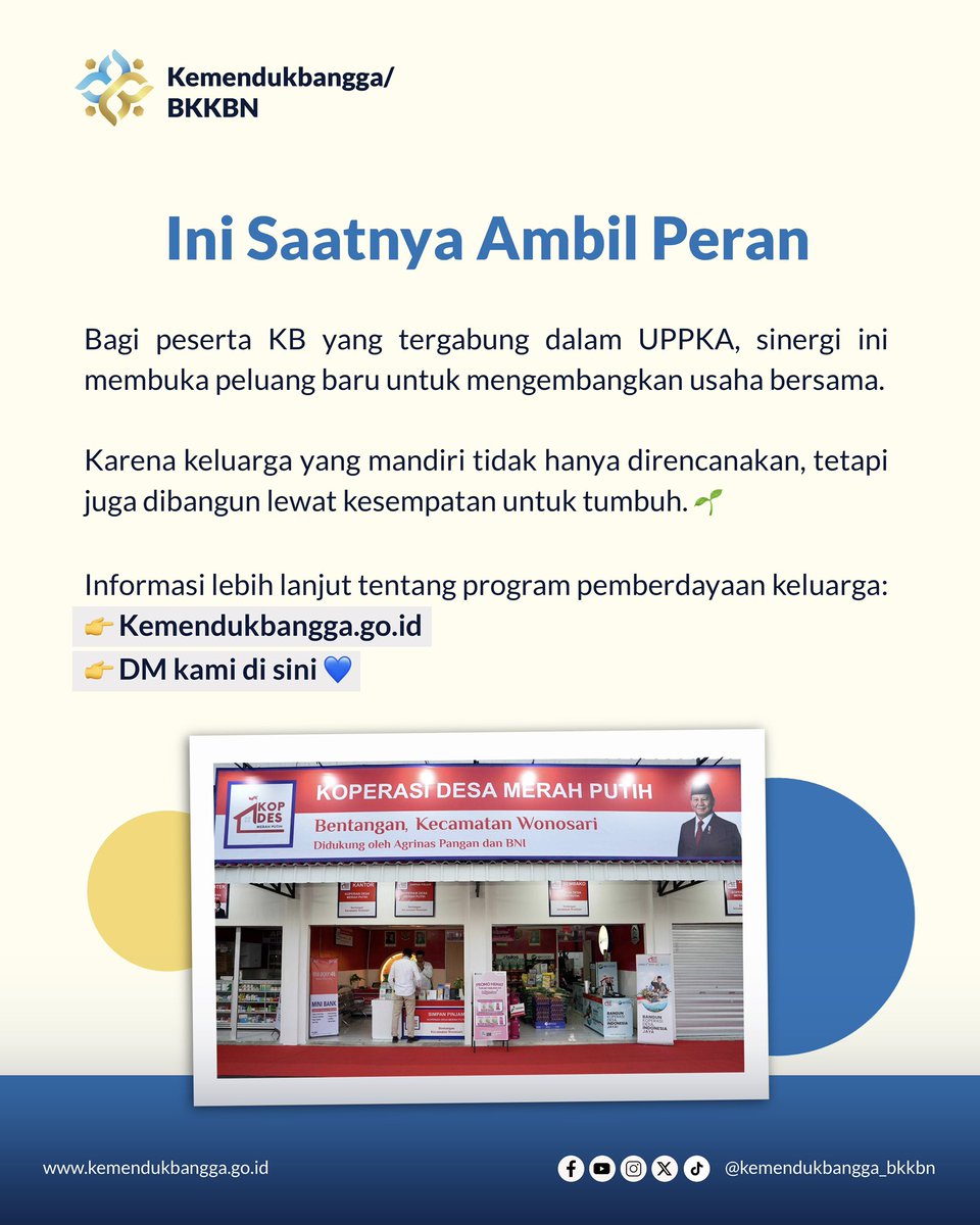 kemendukbangga's tweet photo. Karena keluarga sejahtera bukan hanya soal kesehatan, tetapi juga tentang kesempatan untuk tumbuh dan mandiri bersama. π±
Swipe untuk tahu lebih lanjut! β‘οΈ
#Kemendukbangga #BKKBN #PemberdayaanKeluarga #EkonomiKerakyatan #UPPKA https://t.co/OdUkTroNMb