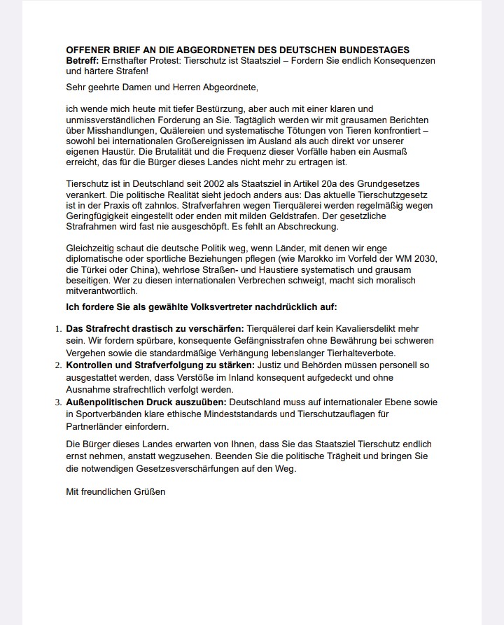 NicoleKnupfer's tweet photo. @yolandaschultes Offener Brief an die Abgeordneten! Tierschutz ist Staatsziel (Art. 20a GG). Schluss mit milden Strafen bei Tierquälerei im In- &amp; Ausland! Schreibt an mail@bundestag.de – wegschauen ist keine Option! #Tierschutz #Bundestag #Tierrechte #StopTheKilling #AnimalRights https://t.co/BJhd57oY1h