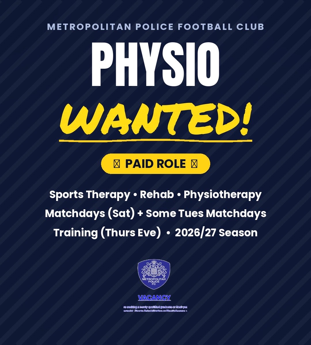 MetPoliceFC's tweet photo. 𝟭𝘀𝘁 𝗧𝗲𝗮𝗺 𝗦𝘁𝗮𝗳𝗳 𝗩𝗮𝗰𝗮𝗻𝗰𝘆

If Interested please email mpfcfinance@gmail.com 

@ComCoFL @YourStMarys @KUSportExSci @UoR_SportExSci @UniOfSurrey @PhysioBrunel @nlfm_game @NonLeagueCrowd #Physio #UpTheMet 👮‍♂️ ⚽️ 💙 https://t.co/wyXV1BJxr6