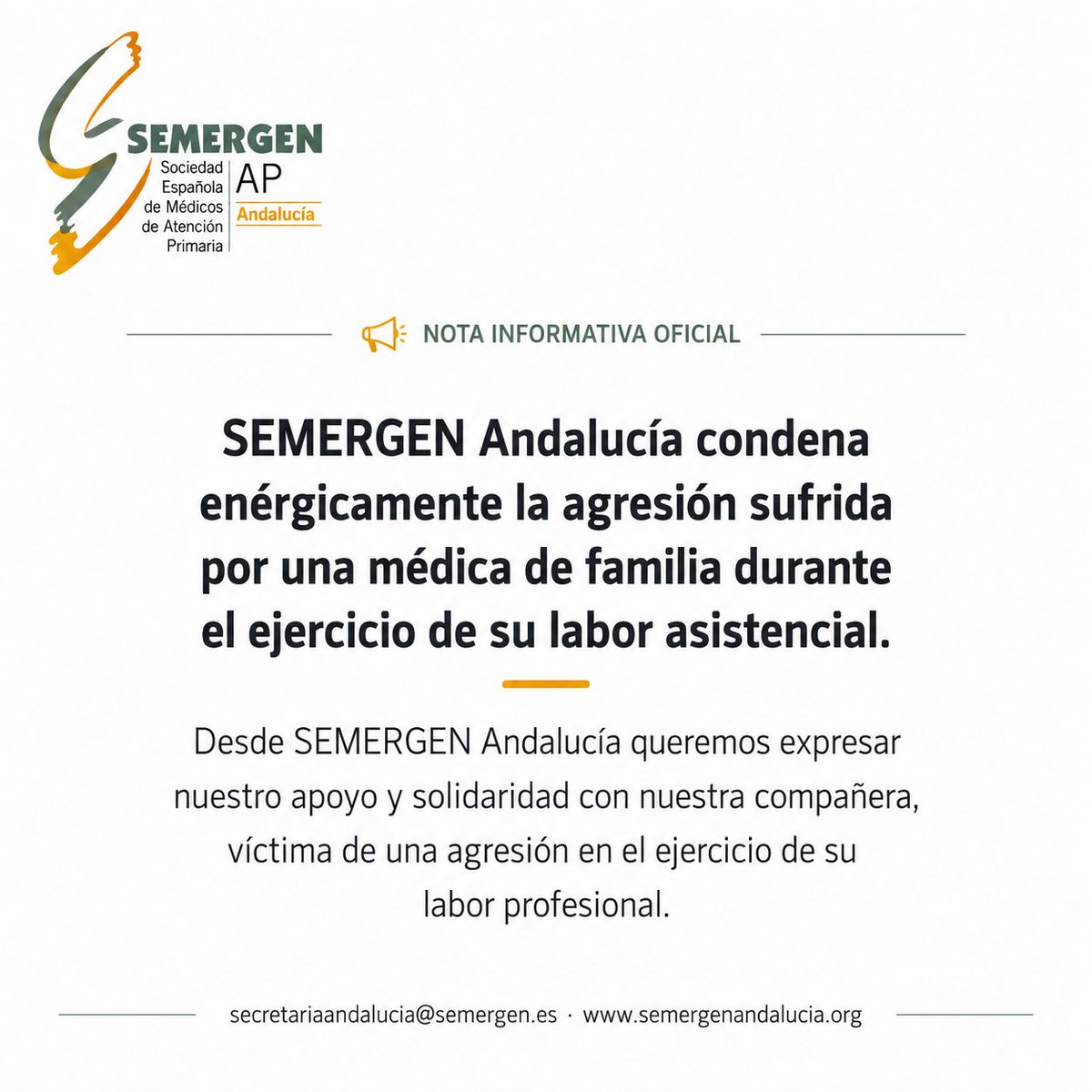 SEMERGENAndaluz's tweet photo. 🚫 Desde SEMERGEN Andalucía condenamos enérgicamente la agresión sufrida por una médica de familia durante el ejercicio de su labor asistencial

#semergenAndaluz #StopAgresiones https://t.co/WwlnwMk5JJ