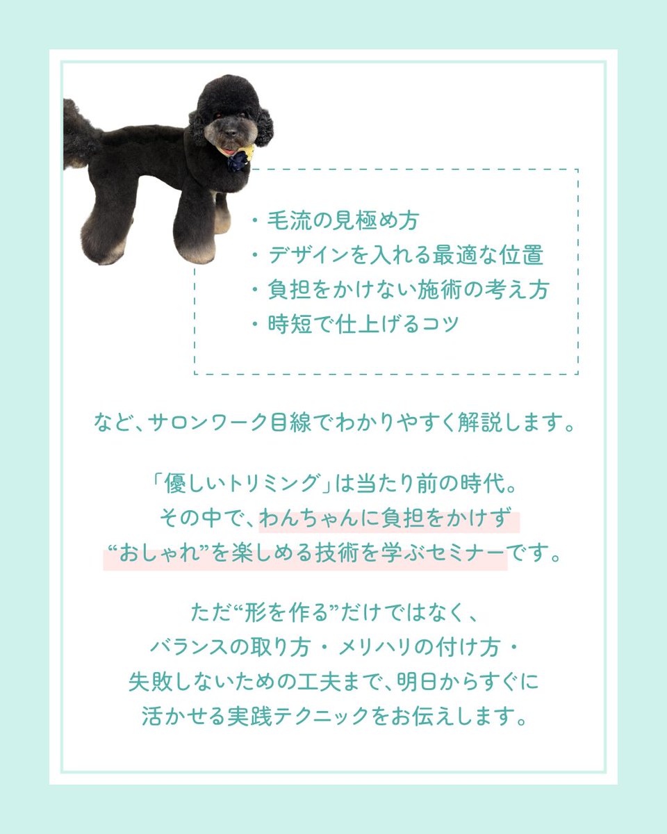 ASOBOLABO's tweet photo. アソボランド2026
お取引先様限定⭐️グルーミングセミナー
ご予約受付中！
"可愛い"を作り込む。ドーナツ・リング・マフラーで魅せるデザインカットセミナー
〜シーズーのバランス設計と失敗しないシザーリングテクニック〜

SEMINAR FEE　90分 / 6,600円（税込）

https://t.co/8A9WqJIcTO https://t.co/tVVyR0gzMT
