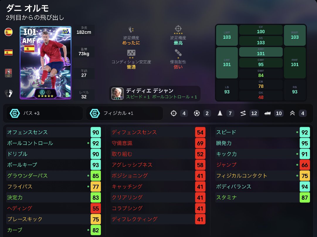 onetwo_efoot's tweet photo. 育成を変えてから大化けした選手4人の育成載せます🙌
起用位置は、ハイセンが3バックの真ん中CB、サネッティが右SBと右ハーフ、オルモがST、ライカールトが2ボラのCMFディフェンシブです！
1番変わったのを実感したのはCKでハイセンを攻撃参加させた時のヘディング89かな💪

#イーフト #eFootball https://t.co/gqLeOn0V2C