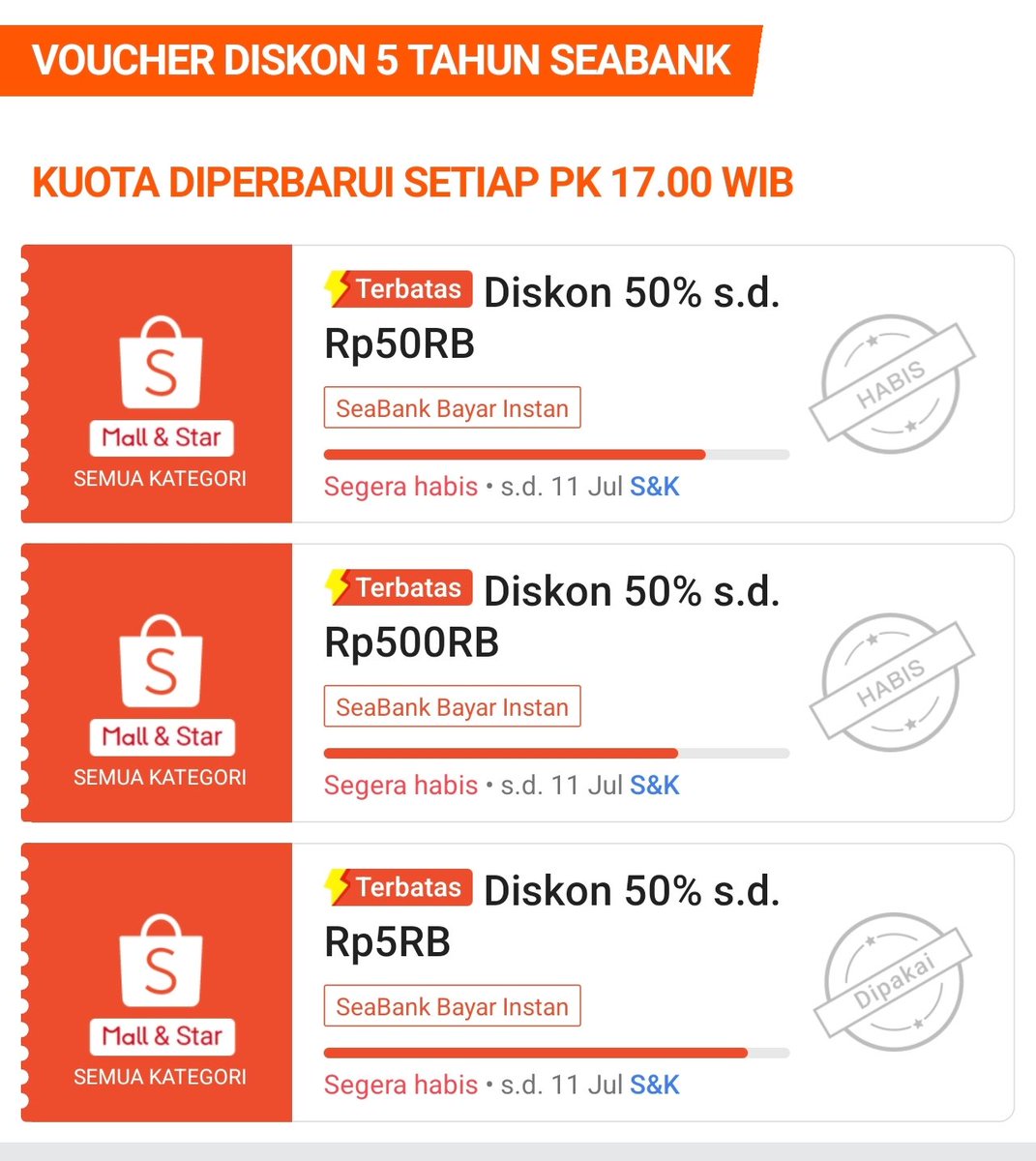 kimmyexp's tweet photo. War voucher DISKON 50% ⏱️17:00

✅DISKON 500RB (minbel 1JT) 
✅DISKON 50RB (minbel 100RB) 
✅DISKON 5RB (minbel 10RB)

📍payment seabank bayar instan
🗓️Periode 7-11 Juli 2026 (jatah 1x tiap vocer)

‼️vouchernya restock-an kemaren (bukan voc baru) jdi gaperlu claim lagi klo kemaren udh claim

*gatau nnti langsung on/delay 😩

yg kemaren blm claim, harus claim dulu nanti👇🏻
https://t.co/b8rky9xoJZ