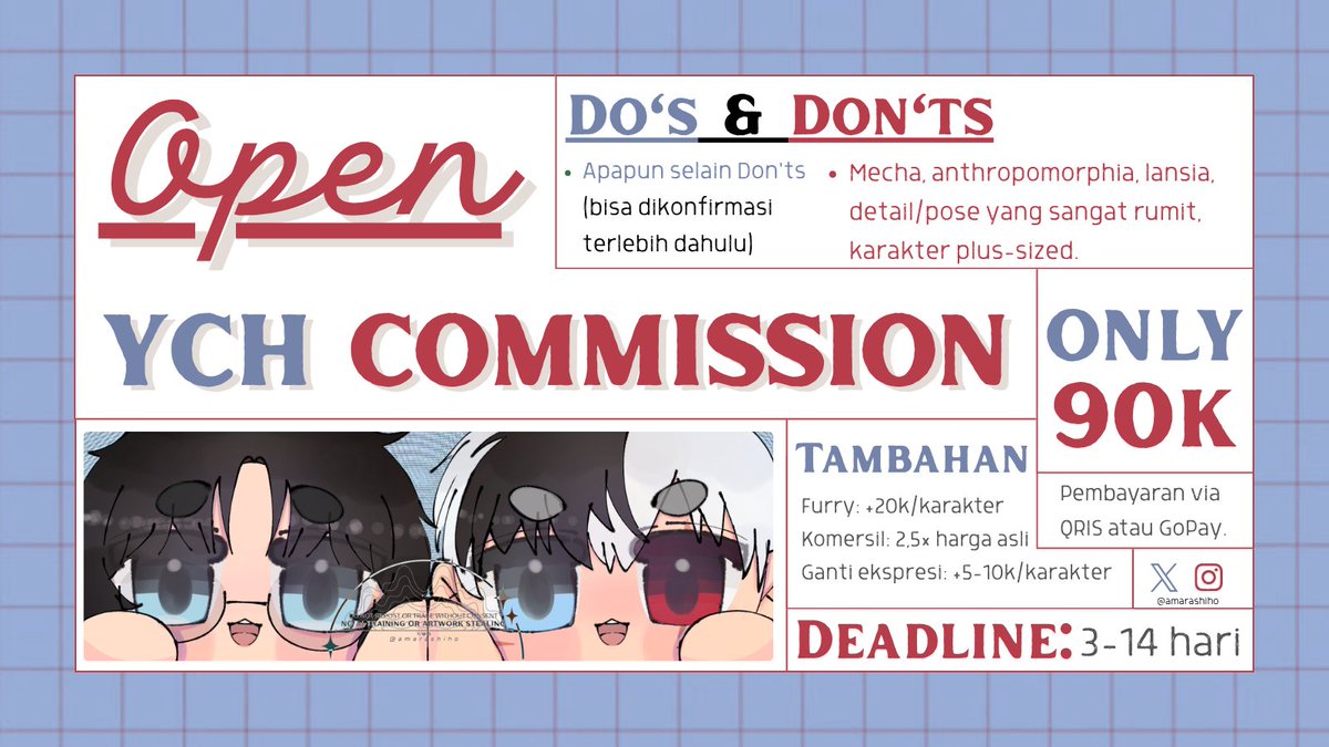 amarashiho's tweet photo. Couple Header YCH Commission by @amarashiho

TOS:
- Pembayaran setelah lineart.
- Art dikirim melalui Google Drive/Gmail.
- Klien harus komunikatif. 
- Jika melebihi deadline, klien berhak mendapatkan bonus (keterlambatan akan diberitahu sebelumnya). 

DM if interested! https://t.co/Ae4rgbKfzT